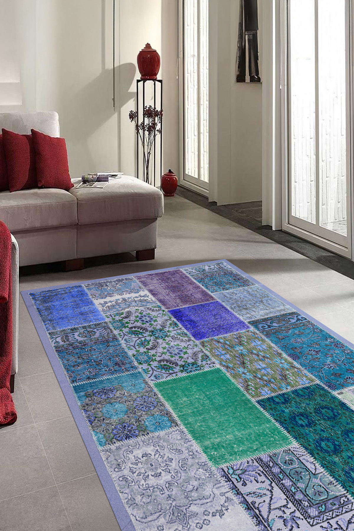 Plain Patterned Patchwork Runner Living Room Rug with Digital Printed Washable and Non-Slip Base