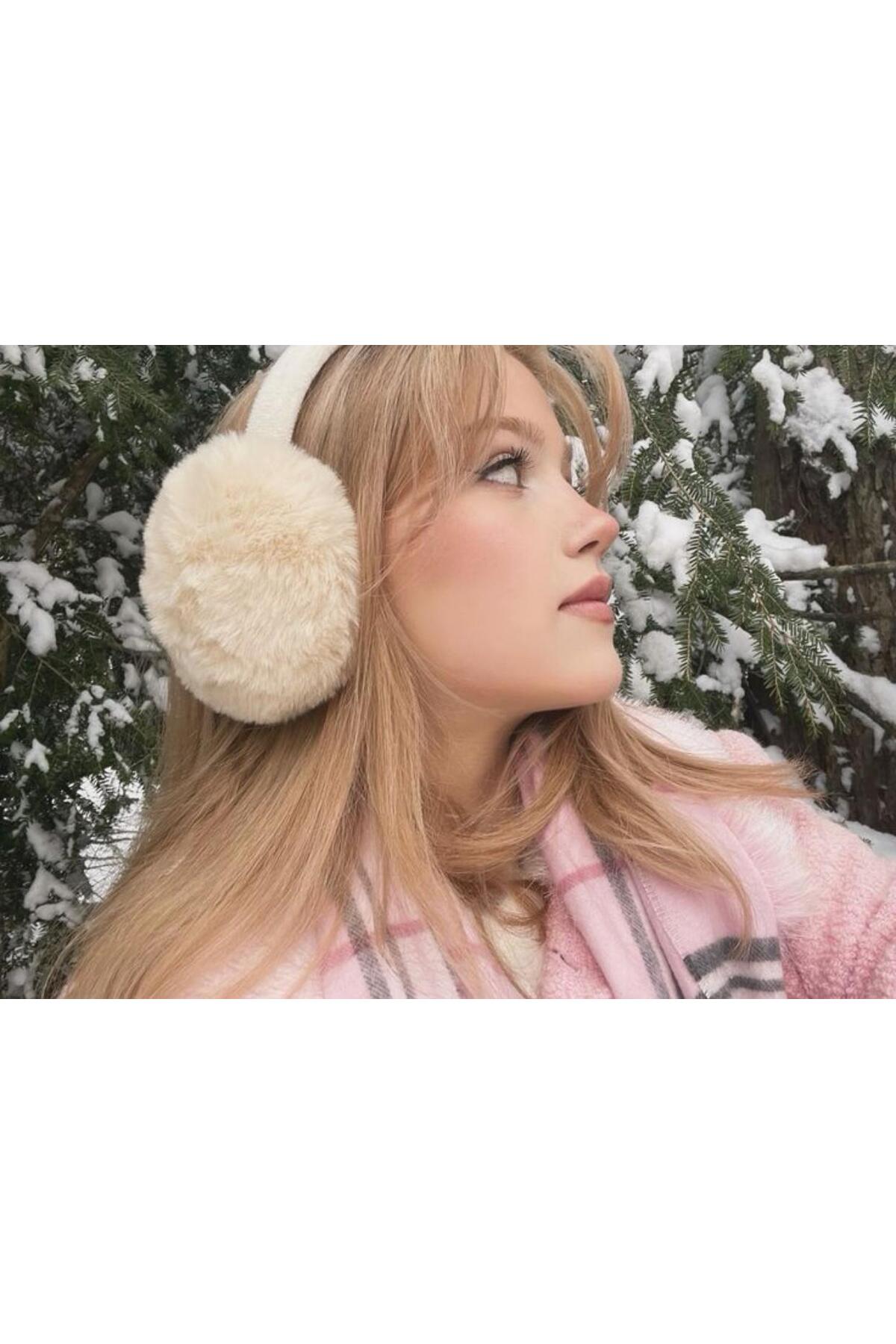 Wearflawless Bej Peluş Katlanabilir Kulaklık ,Soğuktan Koruyucu Peluş Kışlık Kulaklık, Sevgililer Günü Hediyesi