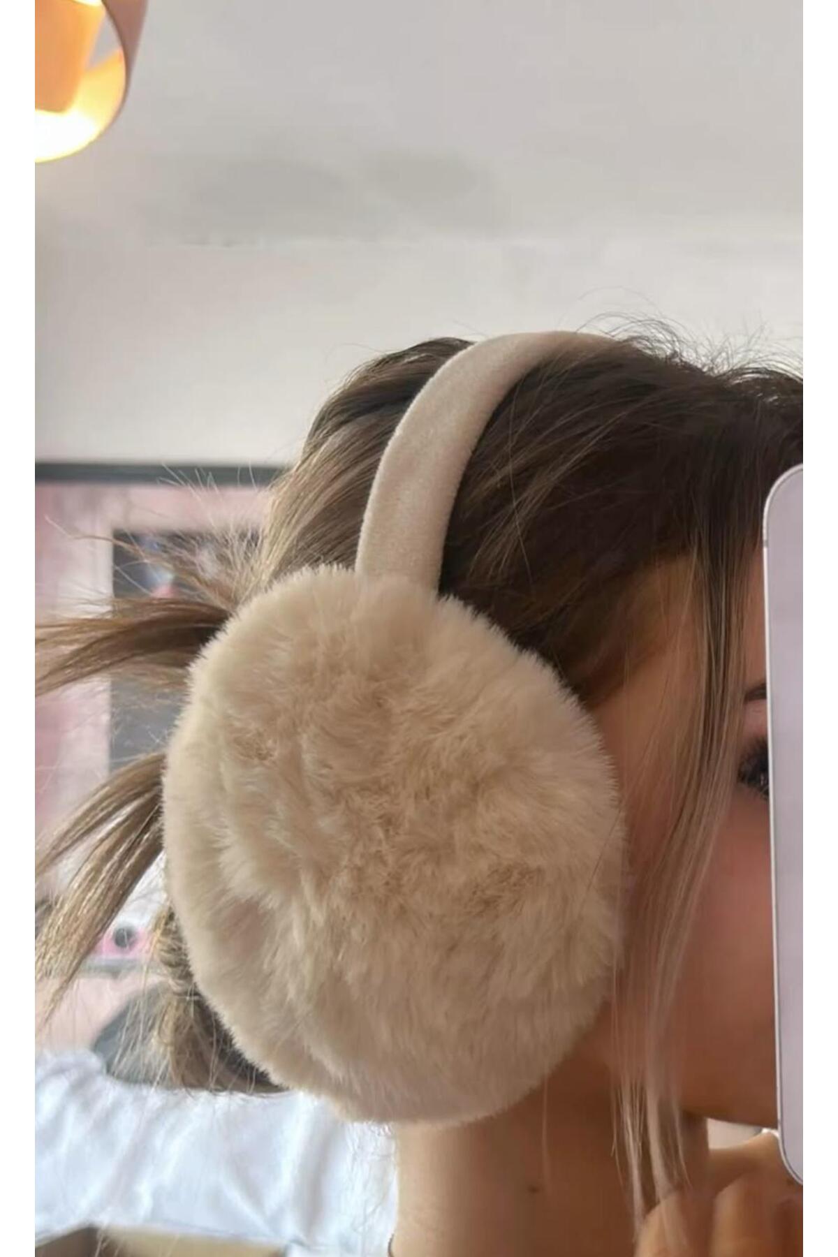 Wearflawless Bej Peluş Katlanabilir Kulaklık ,Soğuktan Koruyucu Peluş Kışlık Kulaklık, Sevgililer Günü Hediyesi görsel 3