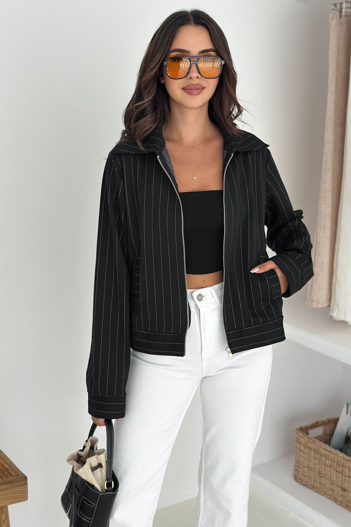 Noa Noa  Kadın Metal Fermuarlı Çizgili Ceket – Şehirli & Zamansız Stil - Görsel 5