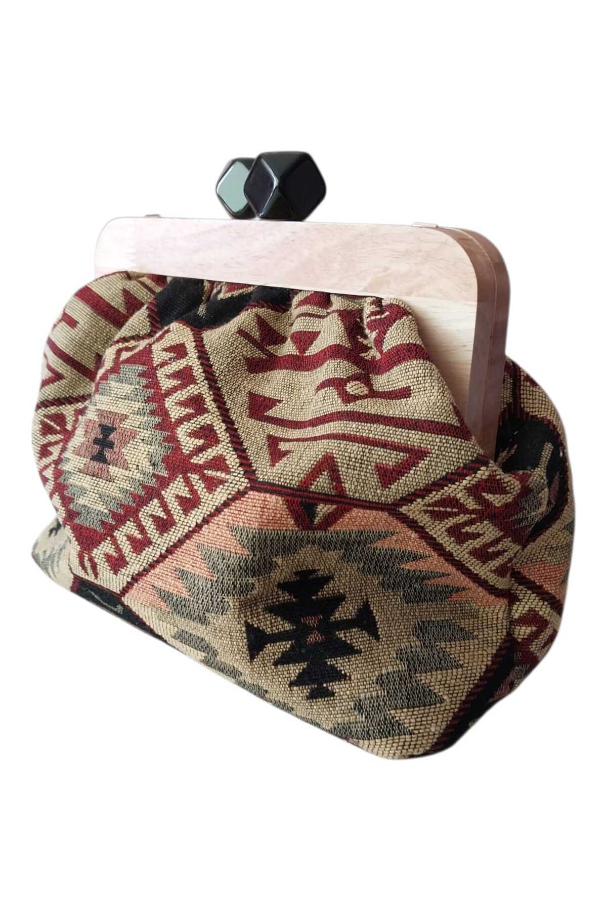handedizayn Ahşap Burslu Otantik 3 Desenli Zincir Askılı Kadın El Omuz Çantası Clutch