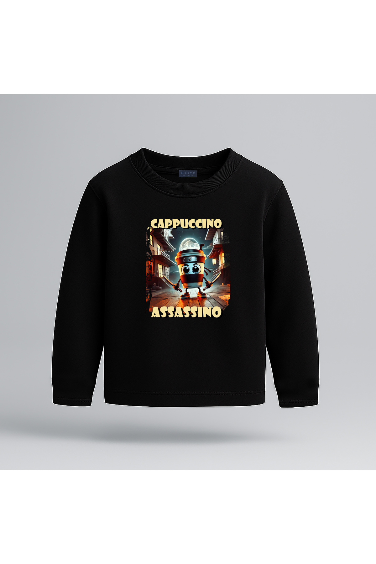 Cappuccino Assassino Italian Brainrot Design Printed Long Sleeve Kids T-Shirt (4-13 Years) - Huntr/X