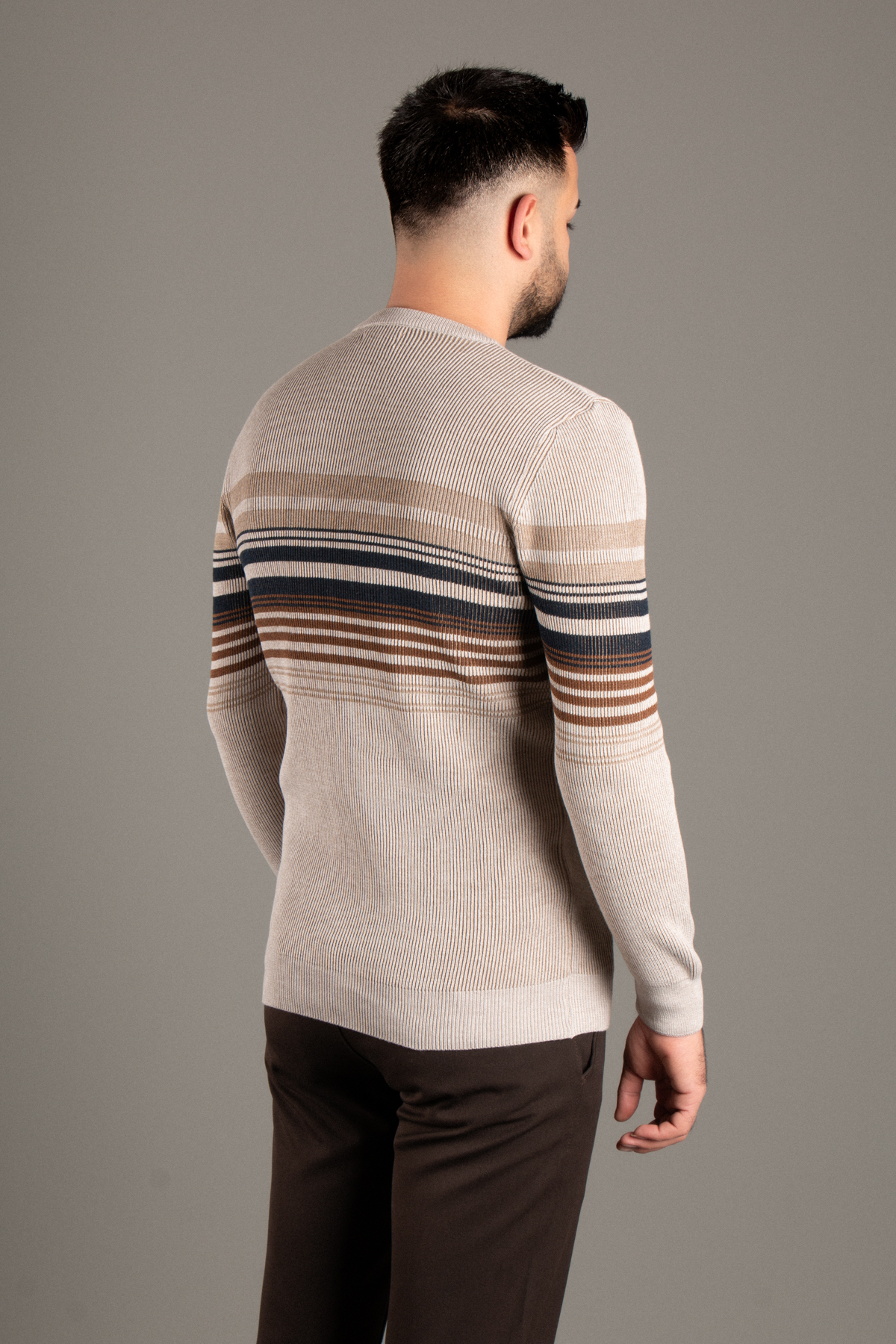 ZEKİ ÖZER  ERKEK BEJ ÇİZGİLİ FİTİLLİ O YAKA TRİKO - Görsel 5