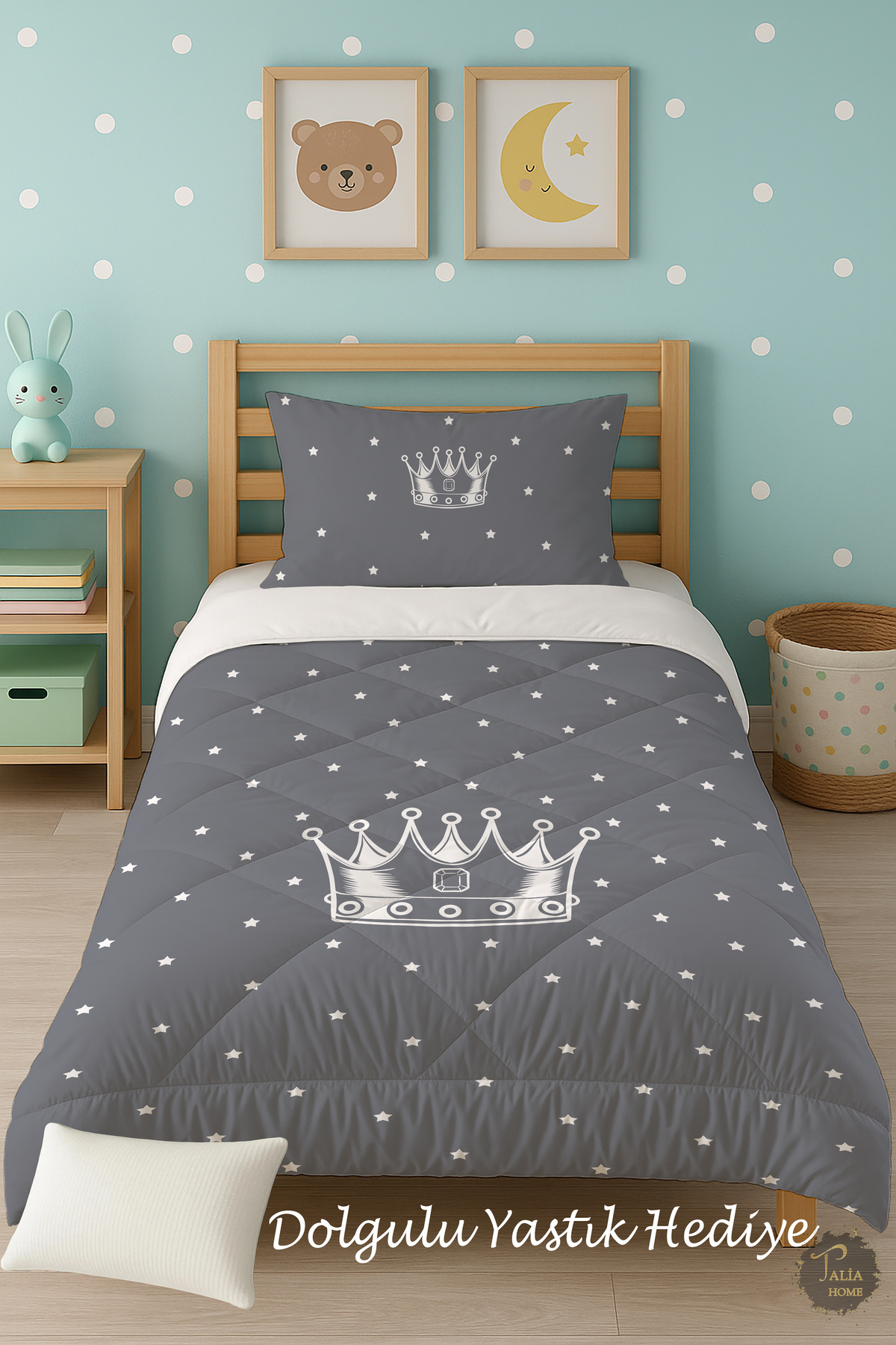 Talia Home Gri Taç Desenli Tek Kişilik Çocuk Yorganı Uyku Seti TLAG-126