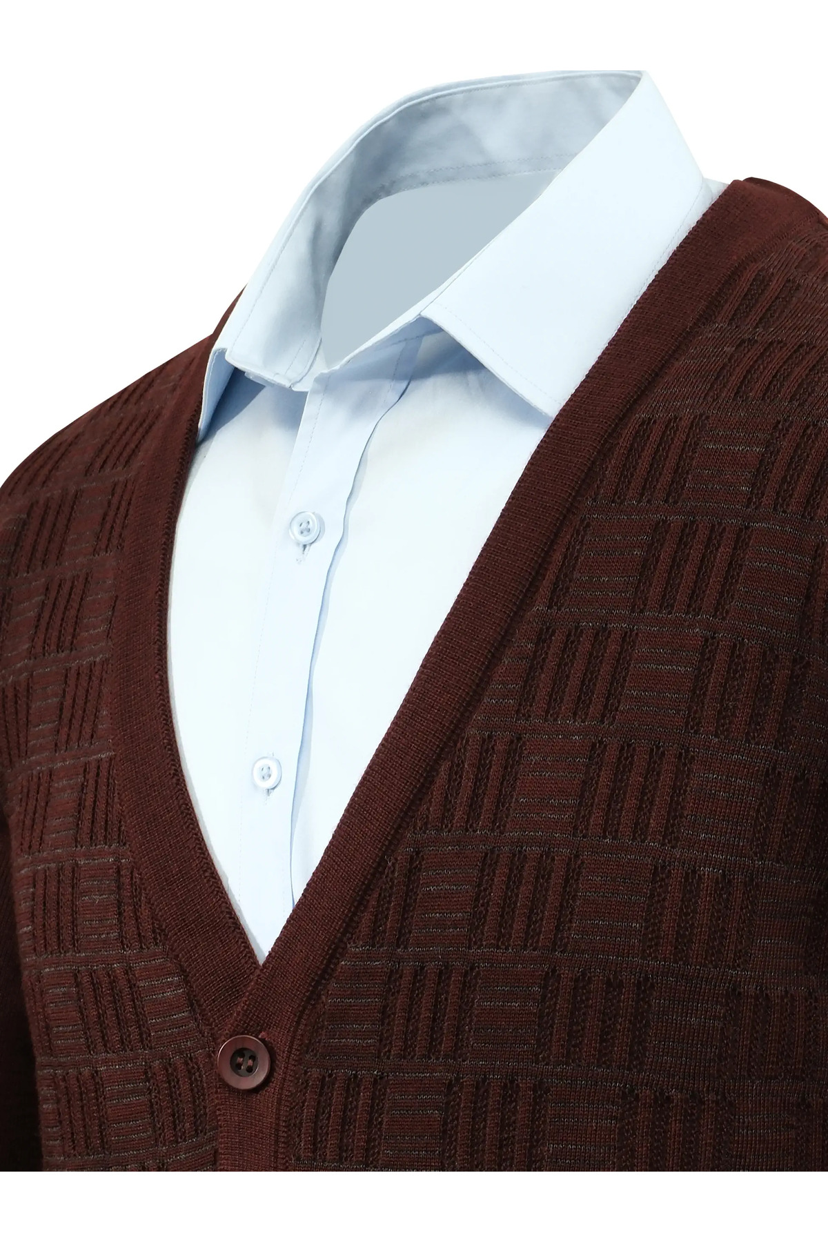 Çizgi Triko  Erkek Düğmeli Bordo Hırka Cepli Kabarmalı Çelik Örgü Klasik Kalıp - 5215M - Görsel 5