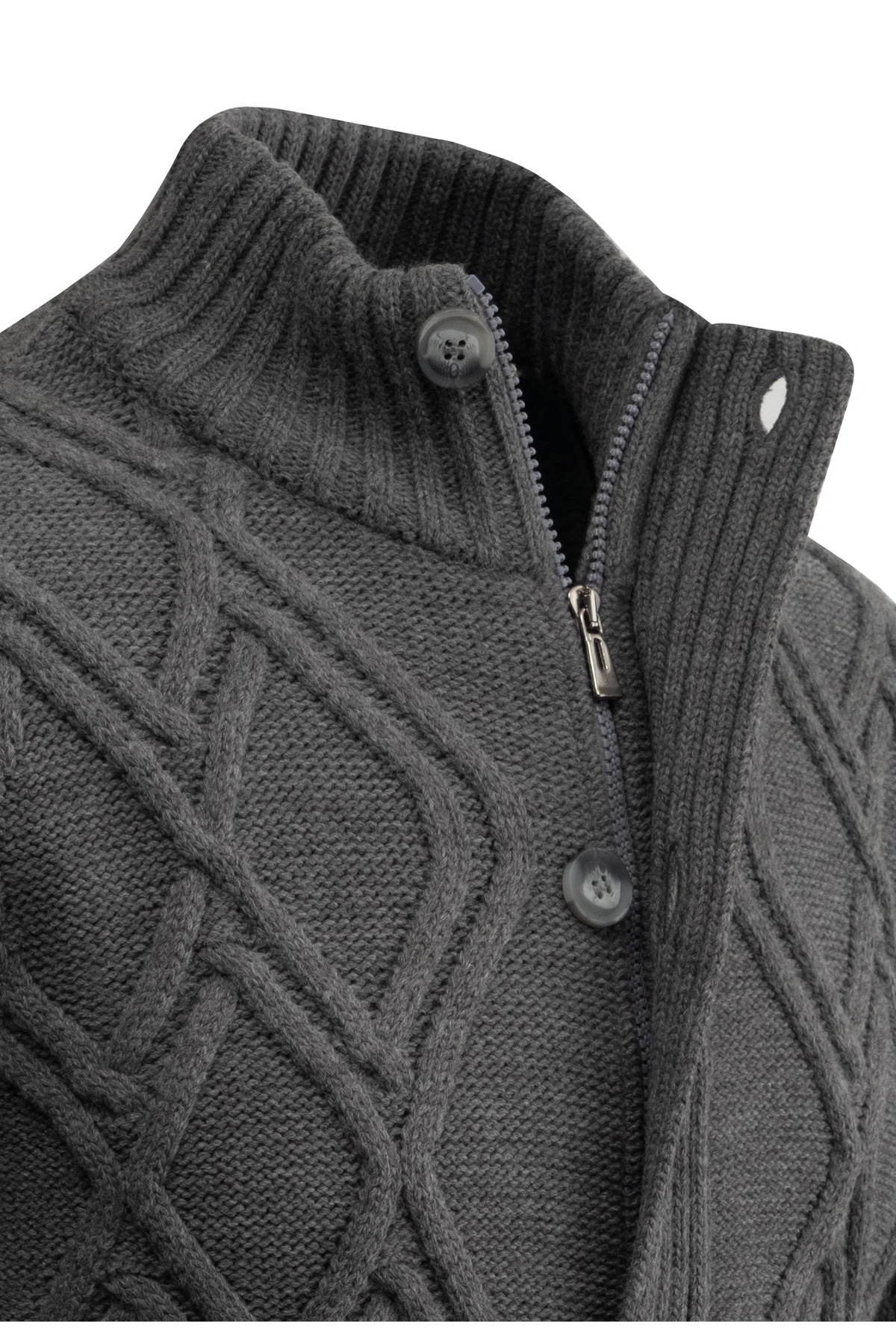Çizgi Triko  Erkek Kalın Örgü Triko Gri Hırka Düğmeli ve Fermuarlı Cepli Klasik Kalıp - 5248M - Görsel 4