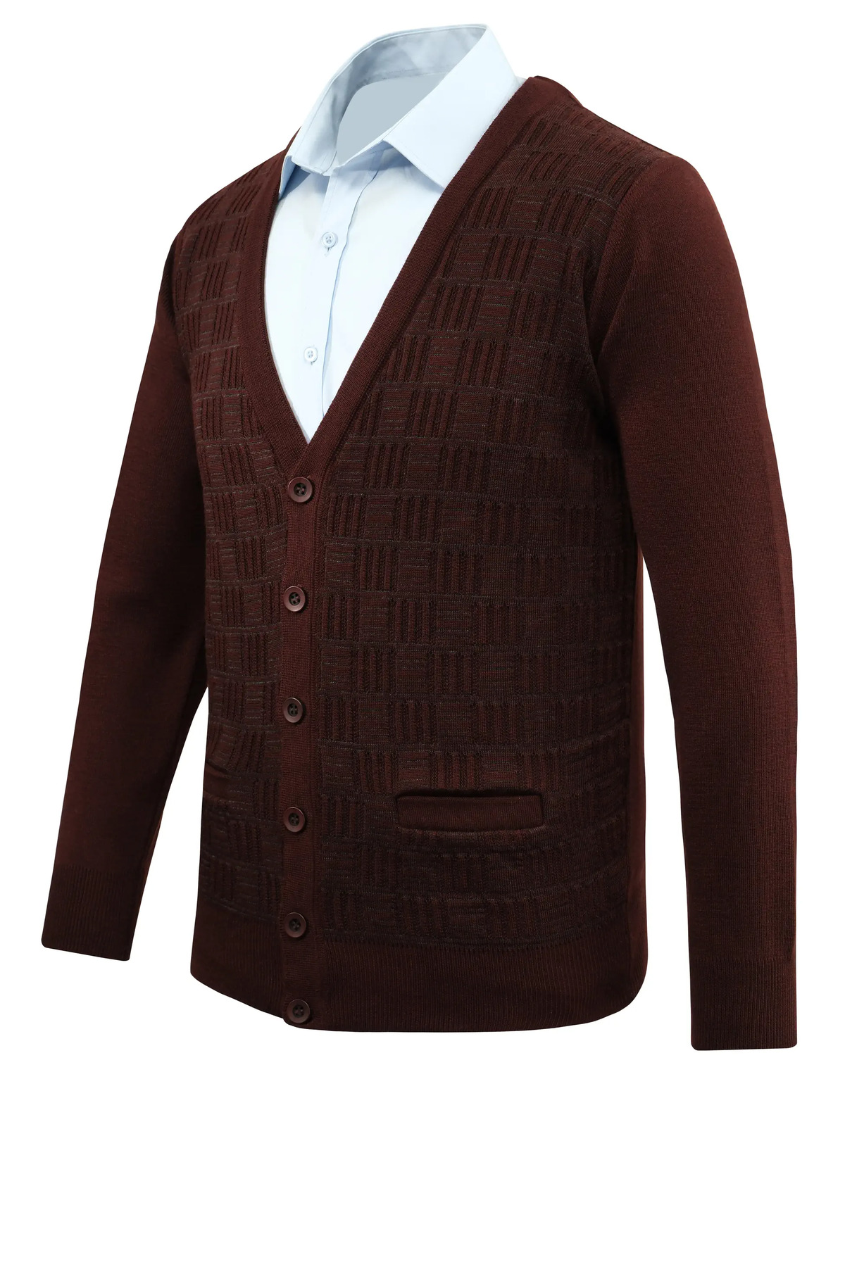 Çizgi Triko  Erkek Düğmeli Bordo Hırka Cepli Kabarmalı Çelik Örgü Klasik Kalıp - 5215M - Görsel 4