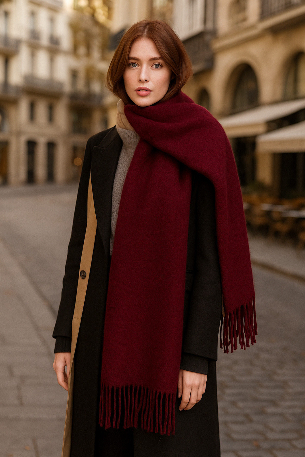 Luminos Butik Kadın Basic Bordo Püsküllü Buklet Atkı - Şal 45x200 Cm Sal1285