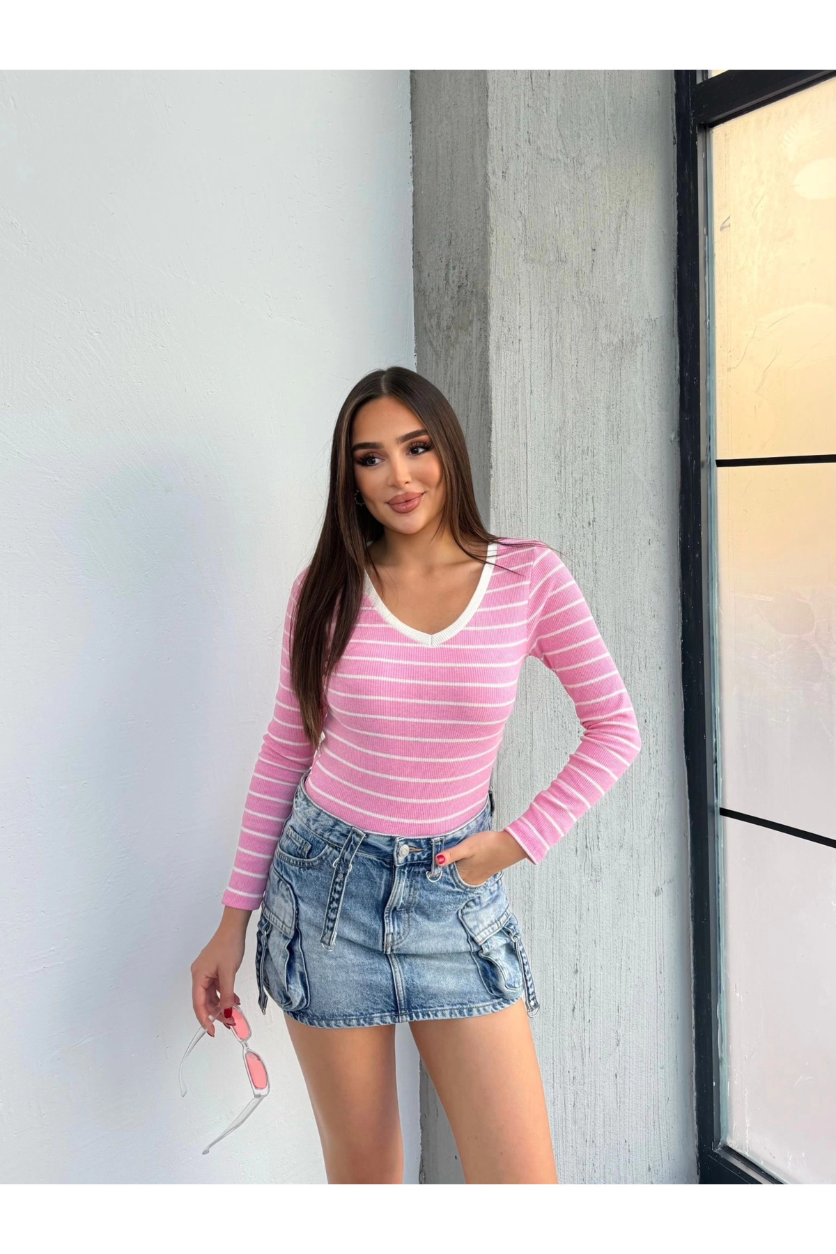 NARUE V yaka çizgili bluz pembe