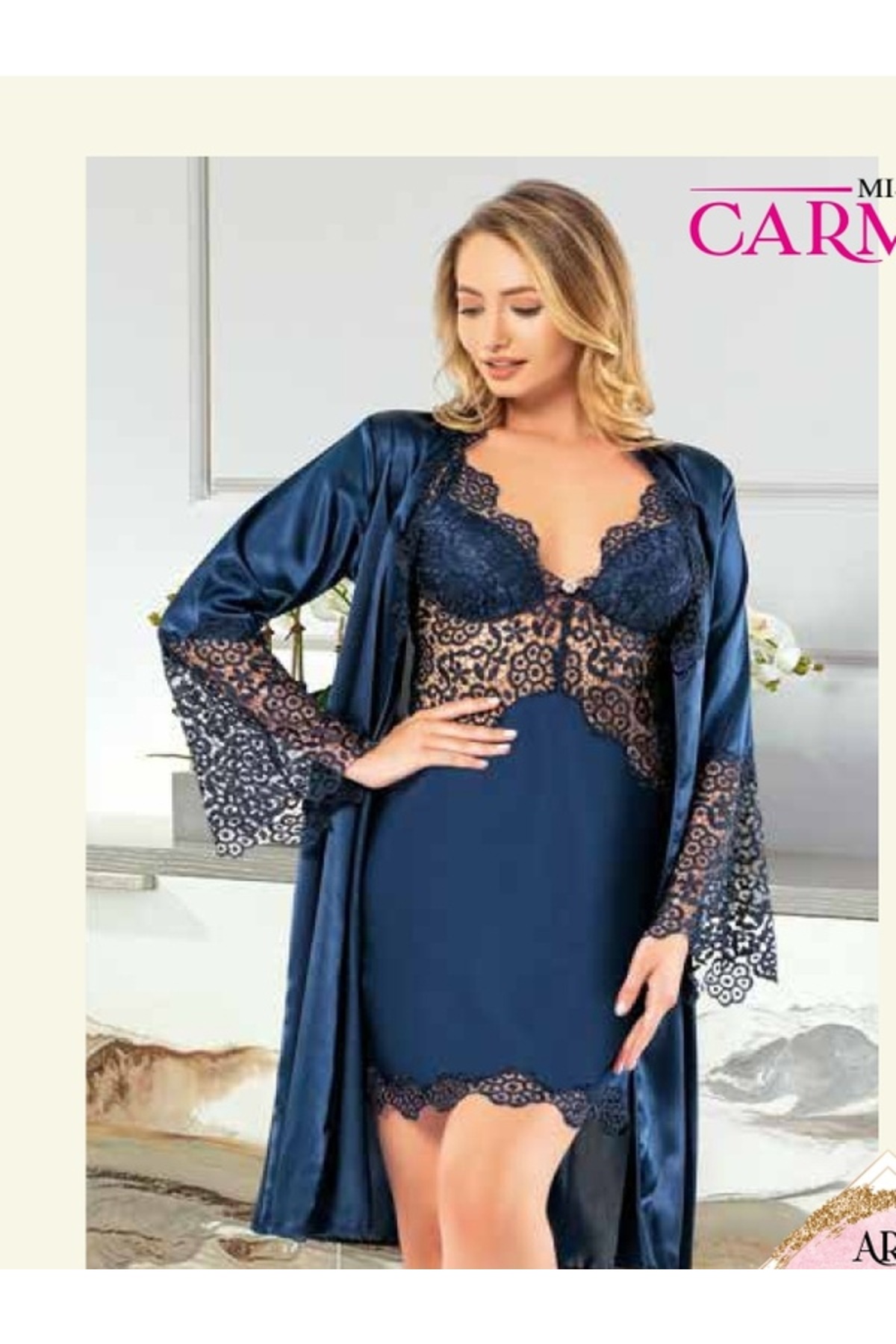 miss carmelia İpek Saten 6'lı Gecelik Sabahlık Takım-1090 Lacivert