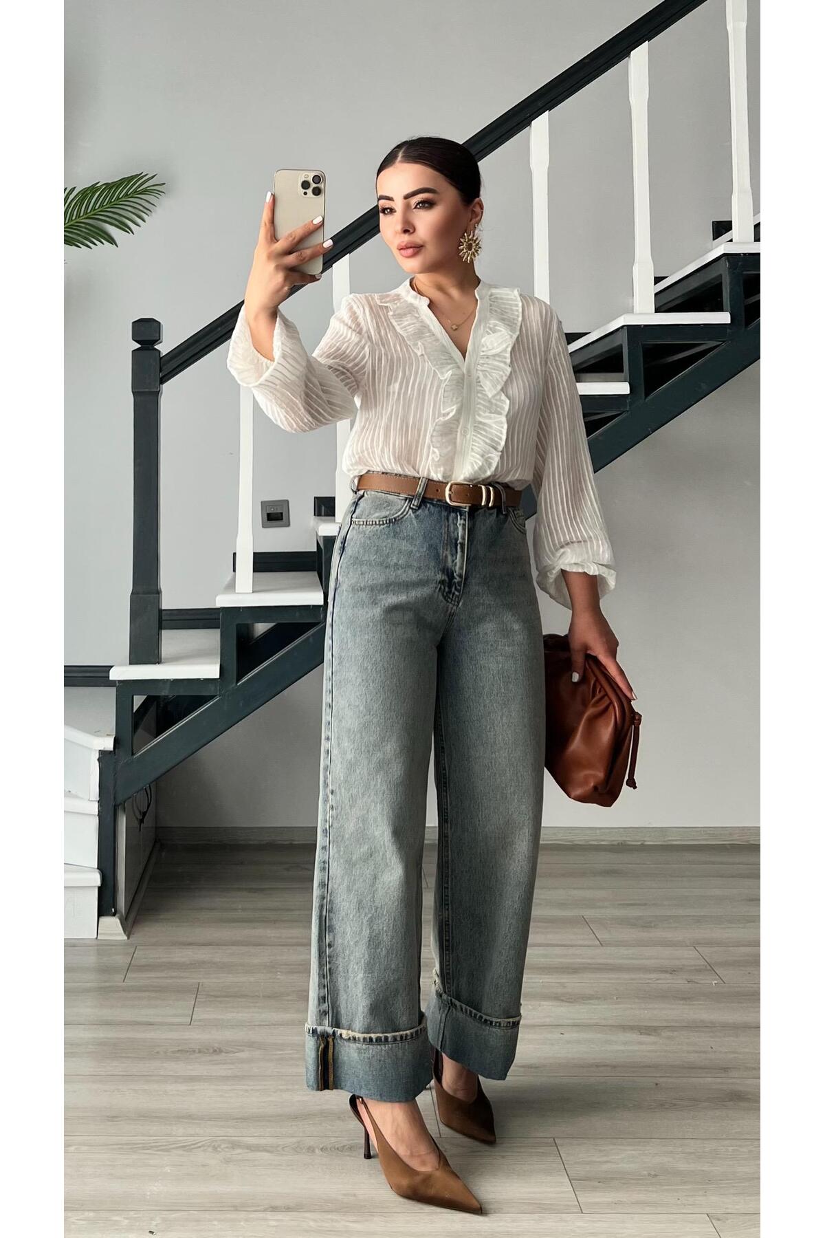 Oslove  Mavi Tintli Paça Katlama Detaylı Jean - Görsel 4