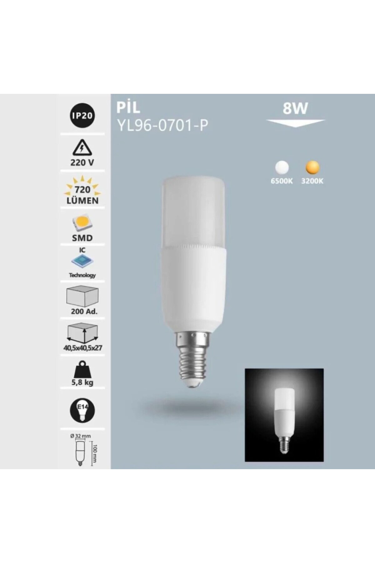 Noas : Pil Ampul, 8W Led Günışığı 3200K (YL96-0702-P)