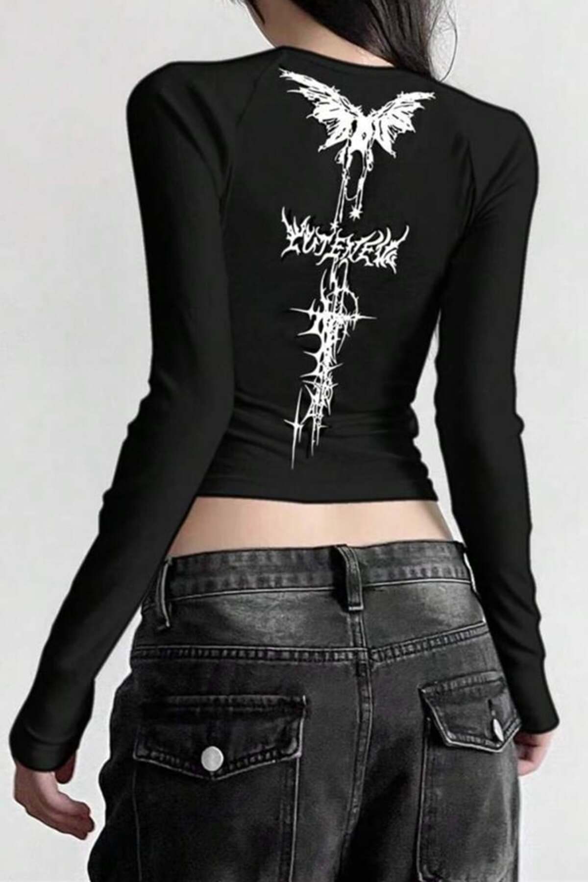 Karakedi Fashion Gothic Punk Siyah Basic Sırt Baskılı Uzun Kollu Body