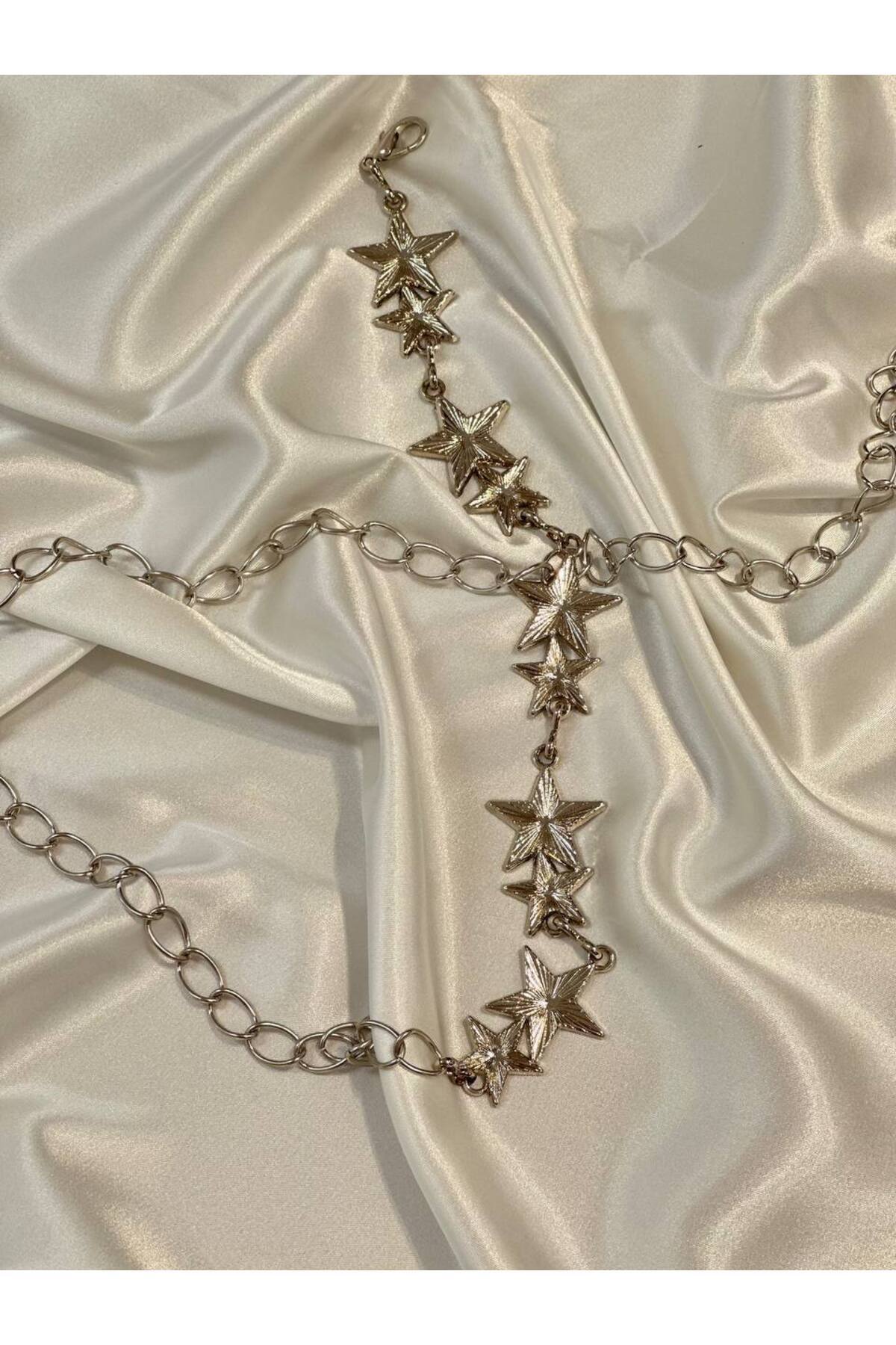 Fiori  Yıldızlı Zincir Detaylı Kadın Kemeri Bel Kemeri,Elbise Kemeri,Etek Kemeri,Pantolon Kemeri - Görsel 2