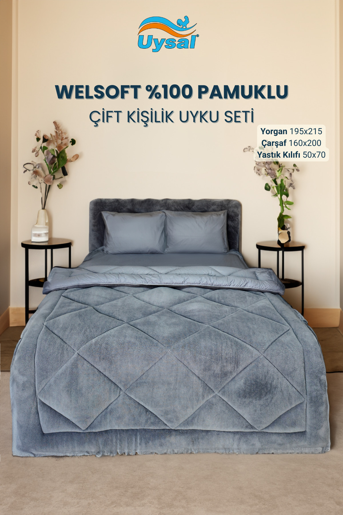 UYSAL WELSOFT AKFİL ÇİFT KİŞİLİK UYKU SETİ 195x215 ANTRASİT