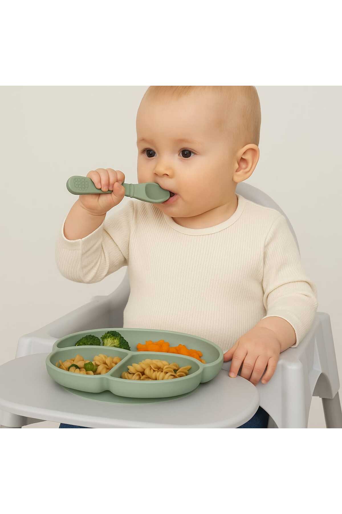 CKM silikon 2li Bebek Mama Seti Silikon Mit Yeşili -Vakumlu Bölmeli Tabak Diş Kaşıyıcı Özellikli Kaşık fotoğrafı 2 (önizleme)