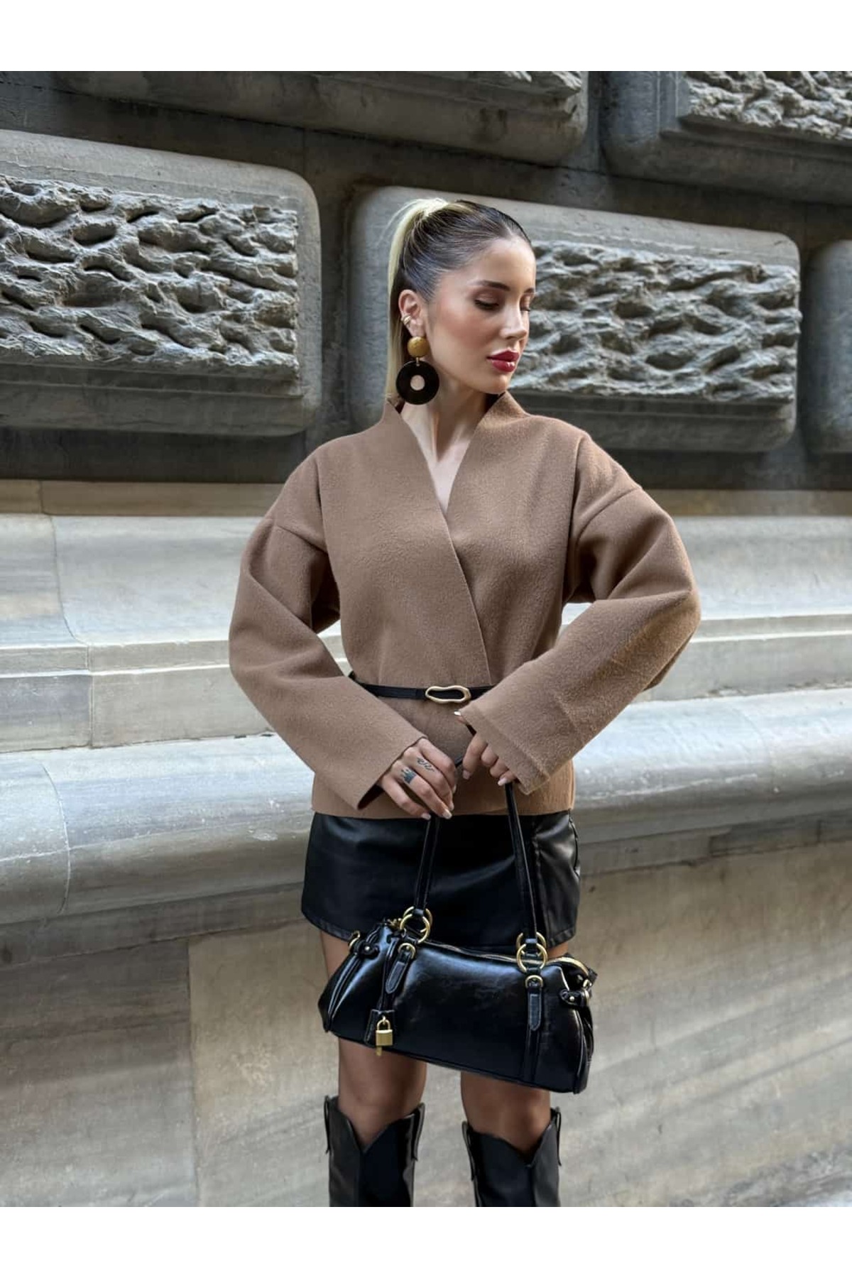 YK FASHION  Kaşe Kemerli Ceket - Görsel 3