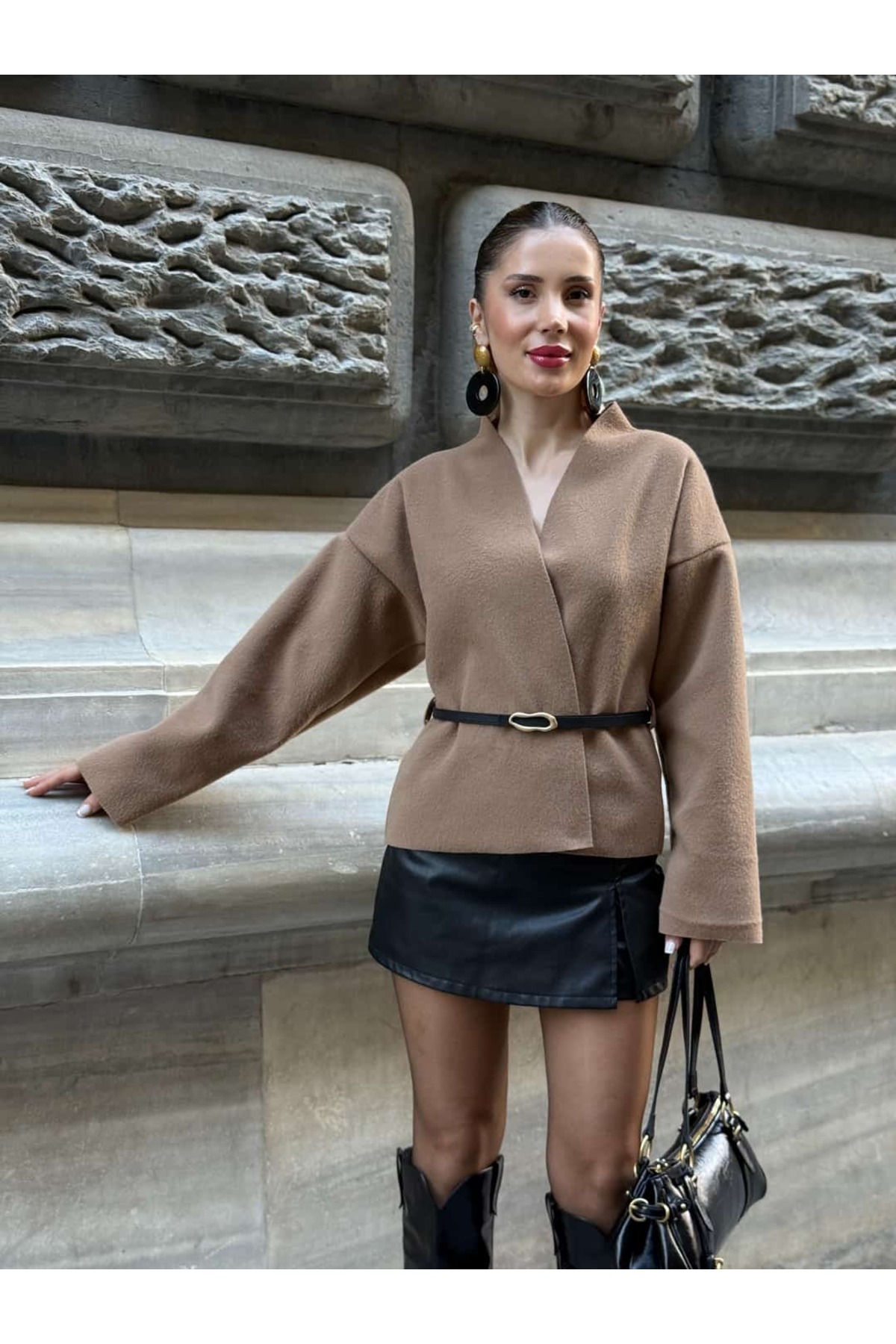 YK FASHION  Kaşe Kemerli Ceket - Görsel 6