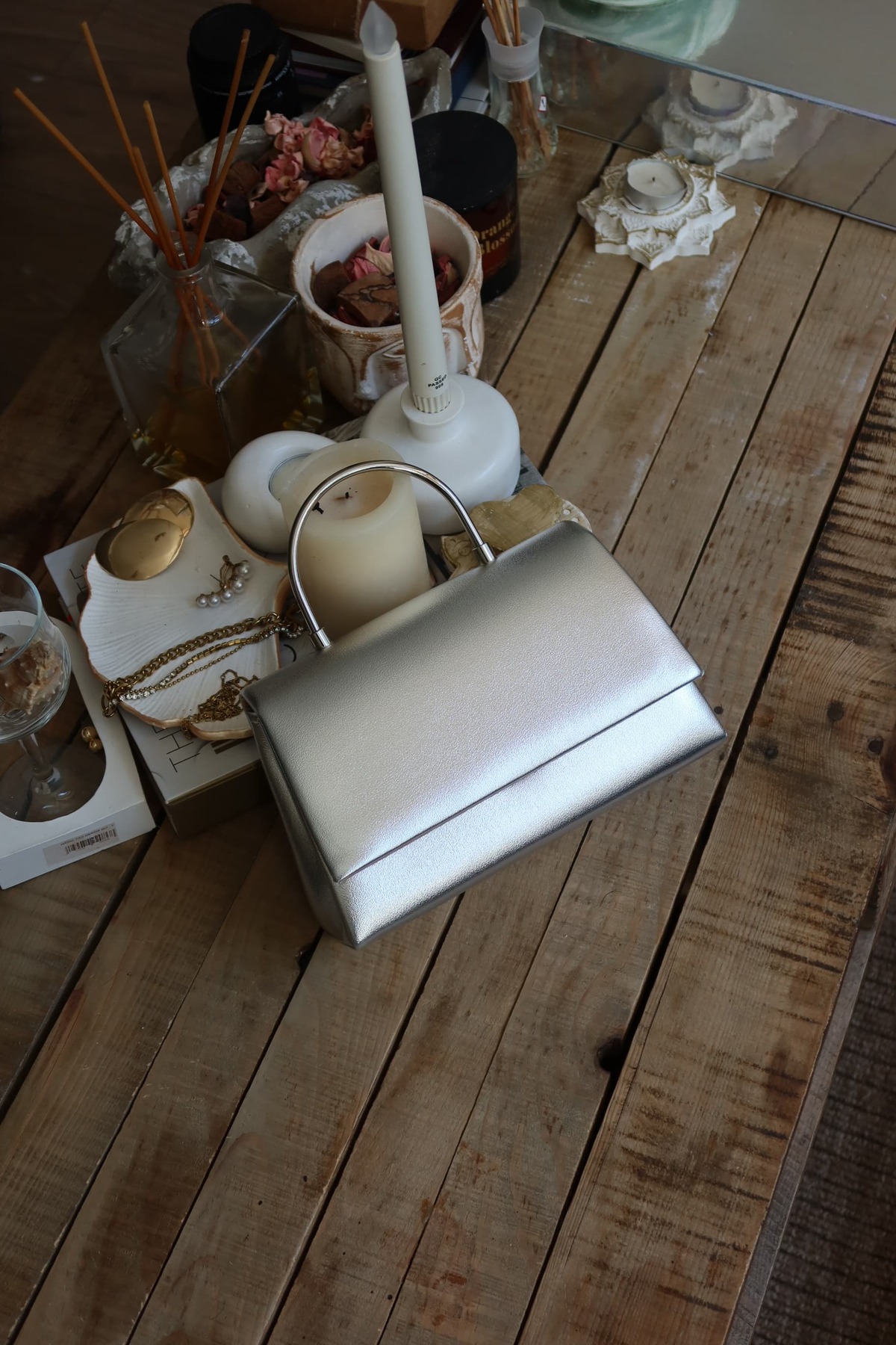 Women's Silver Leather Hand & Shoulder Bag with Metal Handle Detail