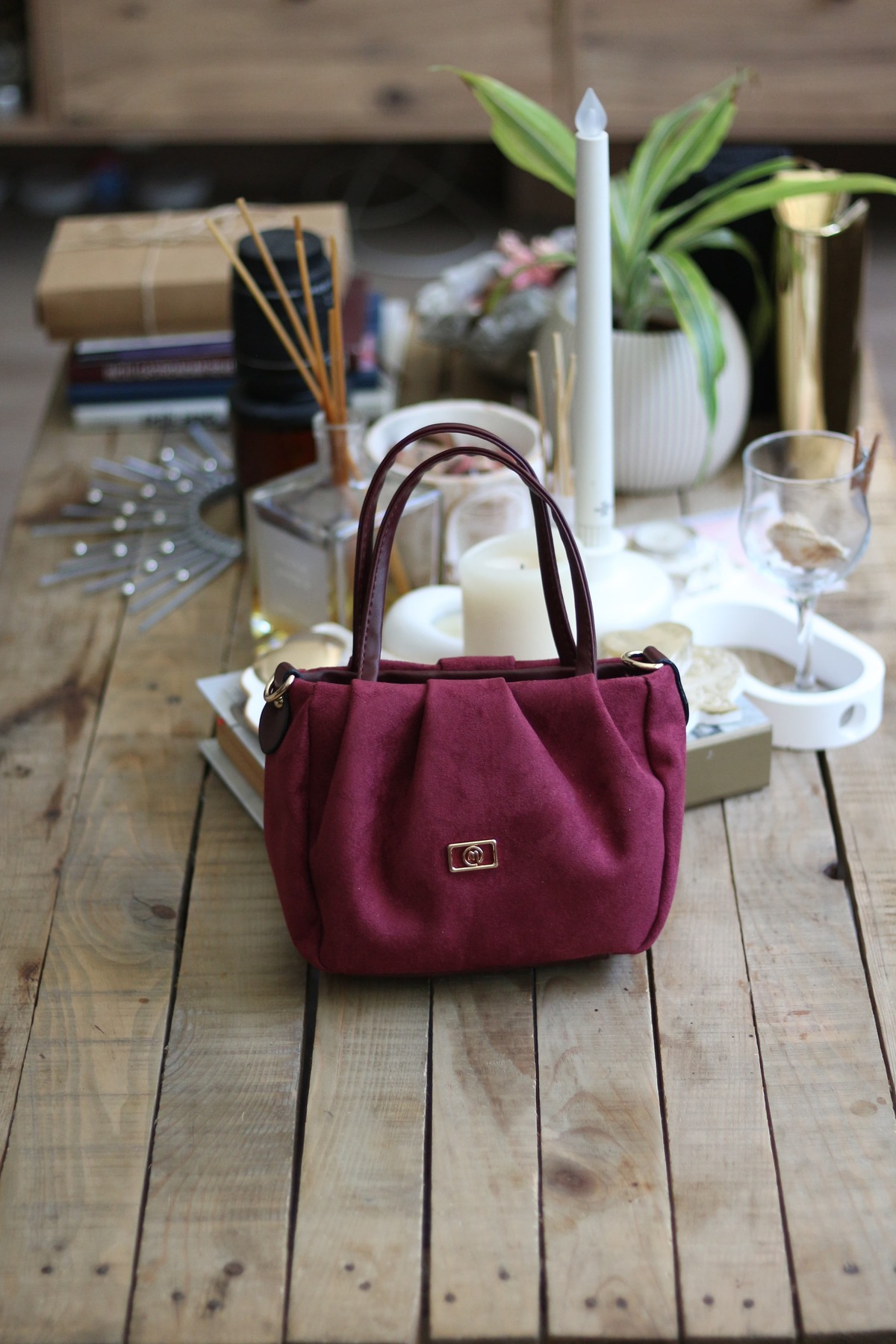 Women's Suede Burgundy Strap Handbag Shoulder Bag