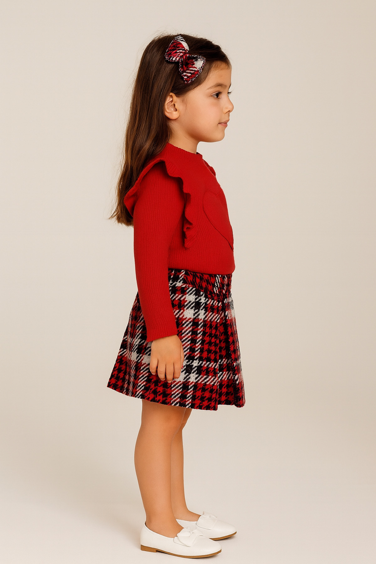 AKİF GİYİM Kız Bebek & Çocuk Kalpli Fırfırlı Badi Kazayağı Etek Bandana Takımı fotoğrafı 2 (önizleme)