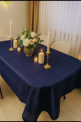 Gülce Home Collection Keten Çizgili Masa Örtüsü Lacivert