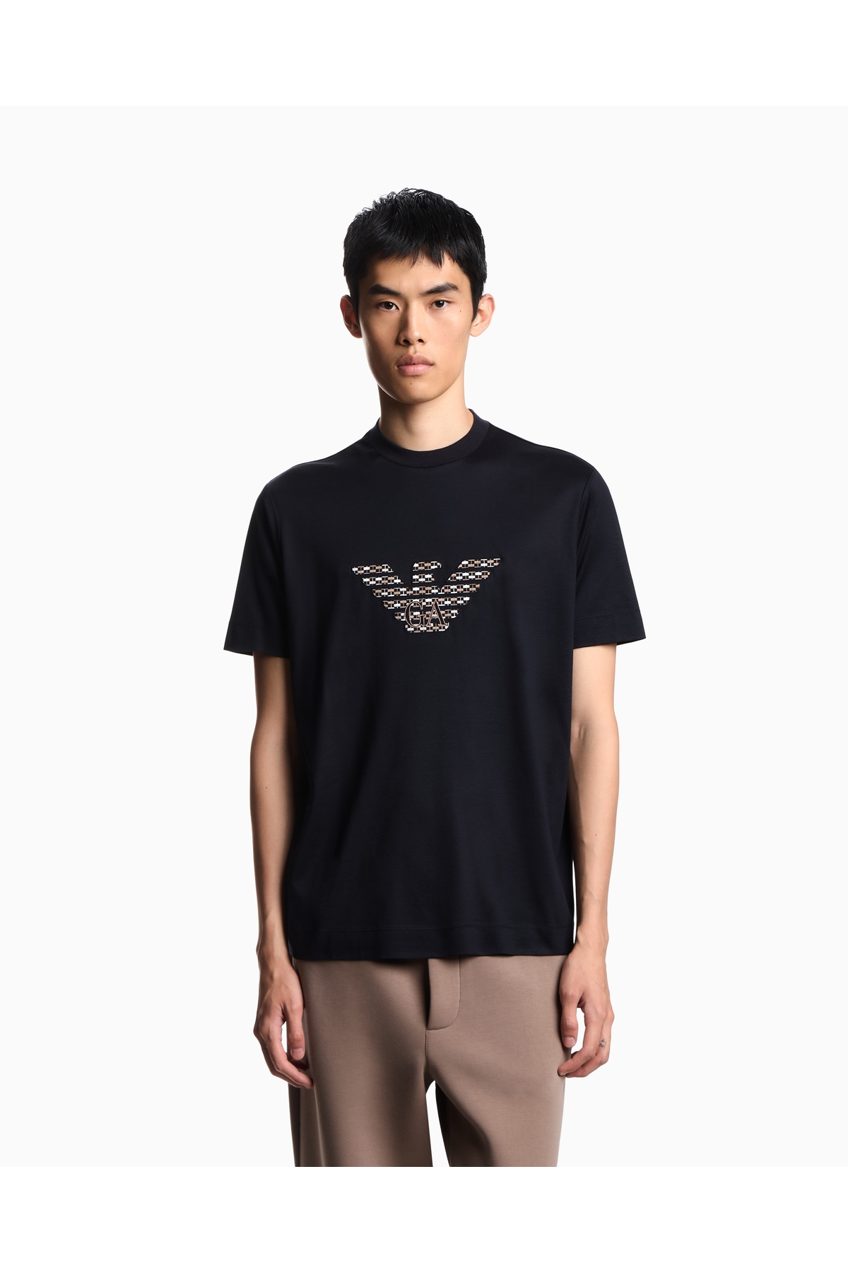 امپوریو آرمانی تی‌شرت مردانه یقه گرد نخی آستین کوتاه سرمه‌ای با گلدوزی لوگو EM003007 AF18312