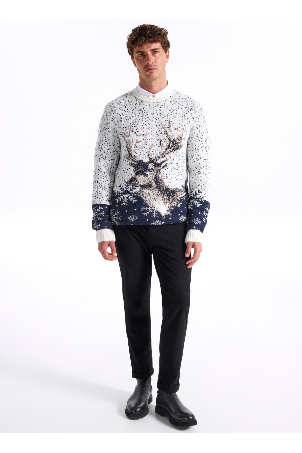 Fabrika Bisiklet Yaka Slim Fit Desenli Kırık Beyaz Erkek Kazak F5WM-KZK 2540 görsel 2