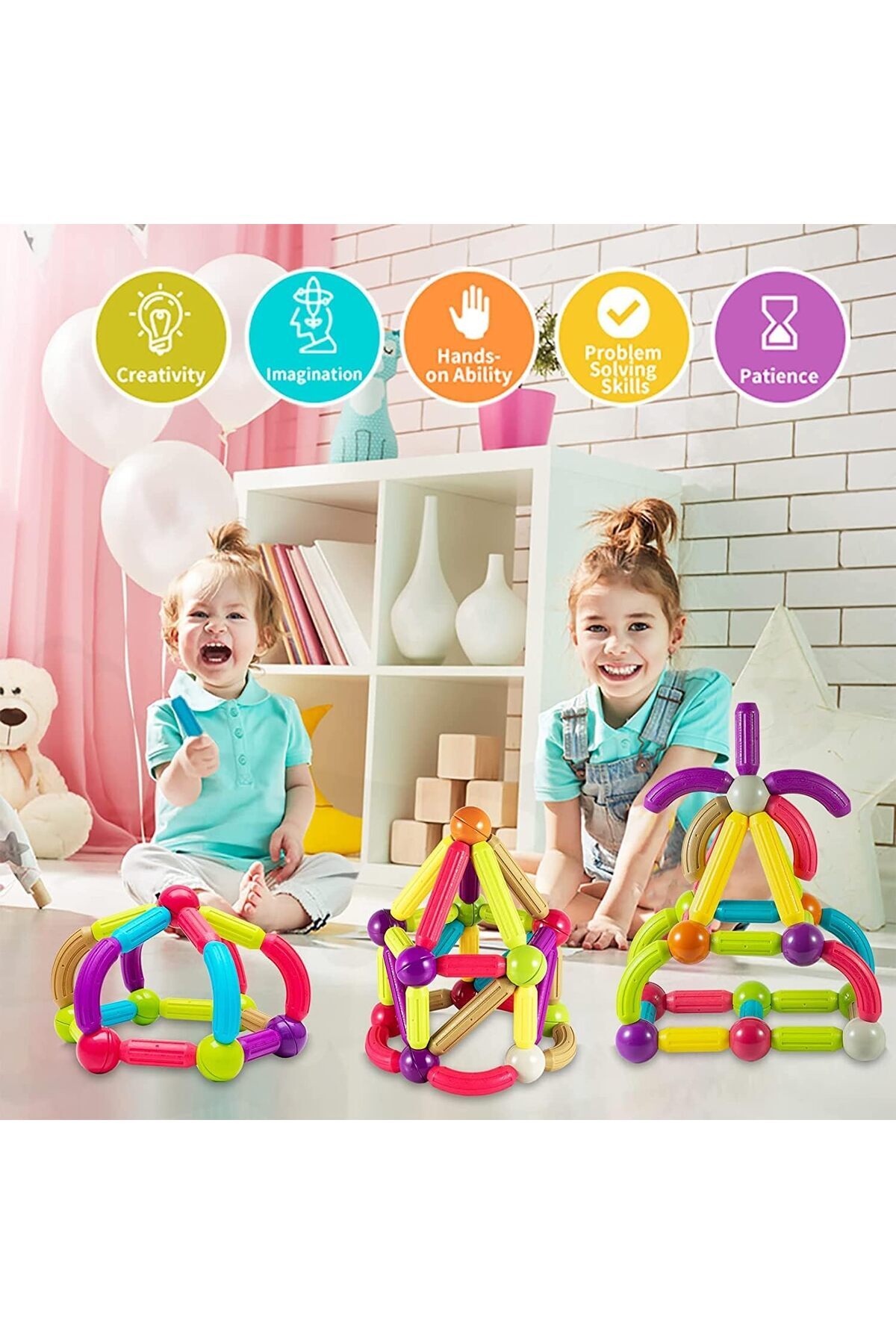 مجموعه توپ‌ها و میله‌های مغناطیسی، اسباب‌بازی آموزشی ساختنی مغناطیسی برای کودکان