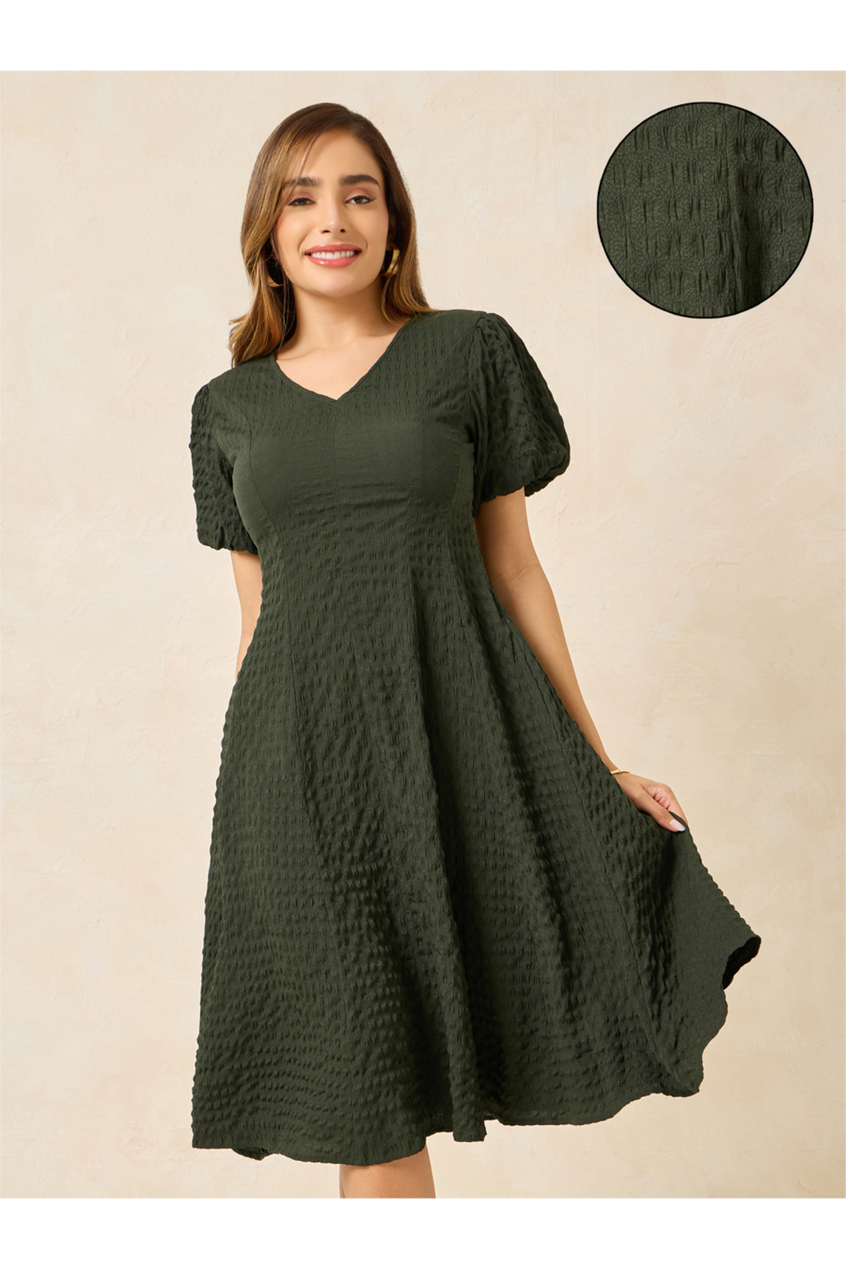 Styli Textured A-Line Midi Dress with Puff Sleeve