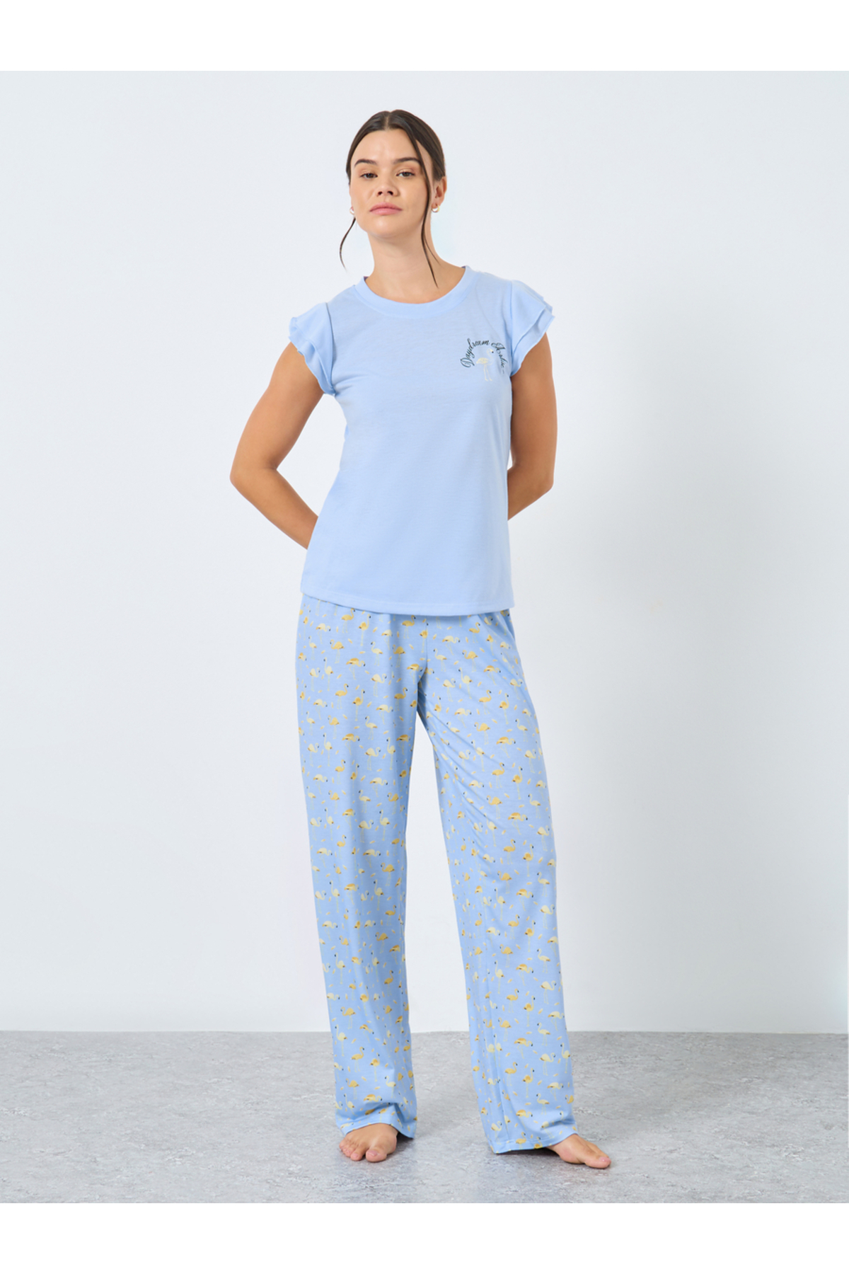 Styli طقم تانك وبيجامة بنقشة فلامنغو مزدوجة الكشكشة