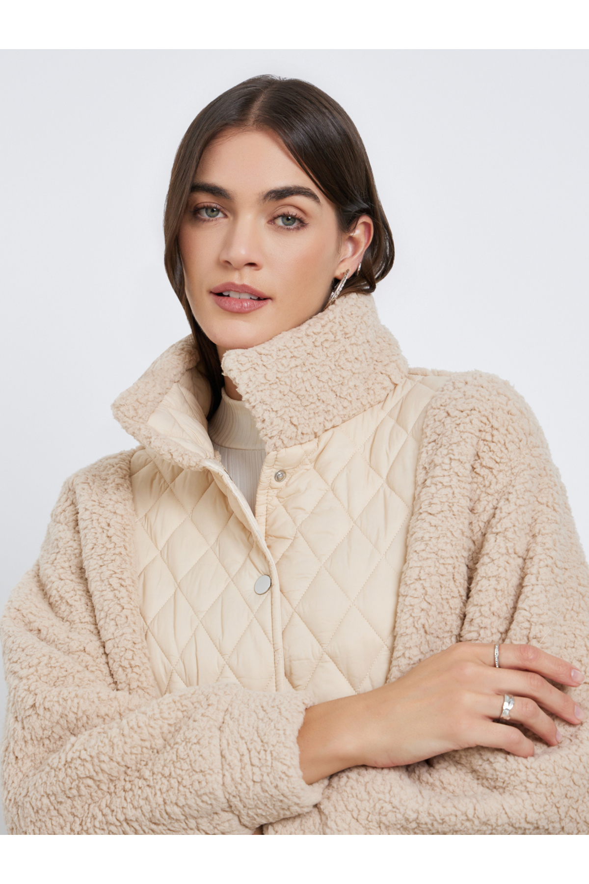 Styli Cream Faux Fur Quilted Jacket