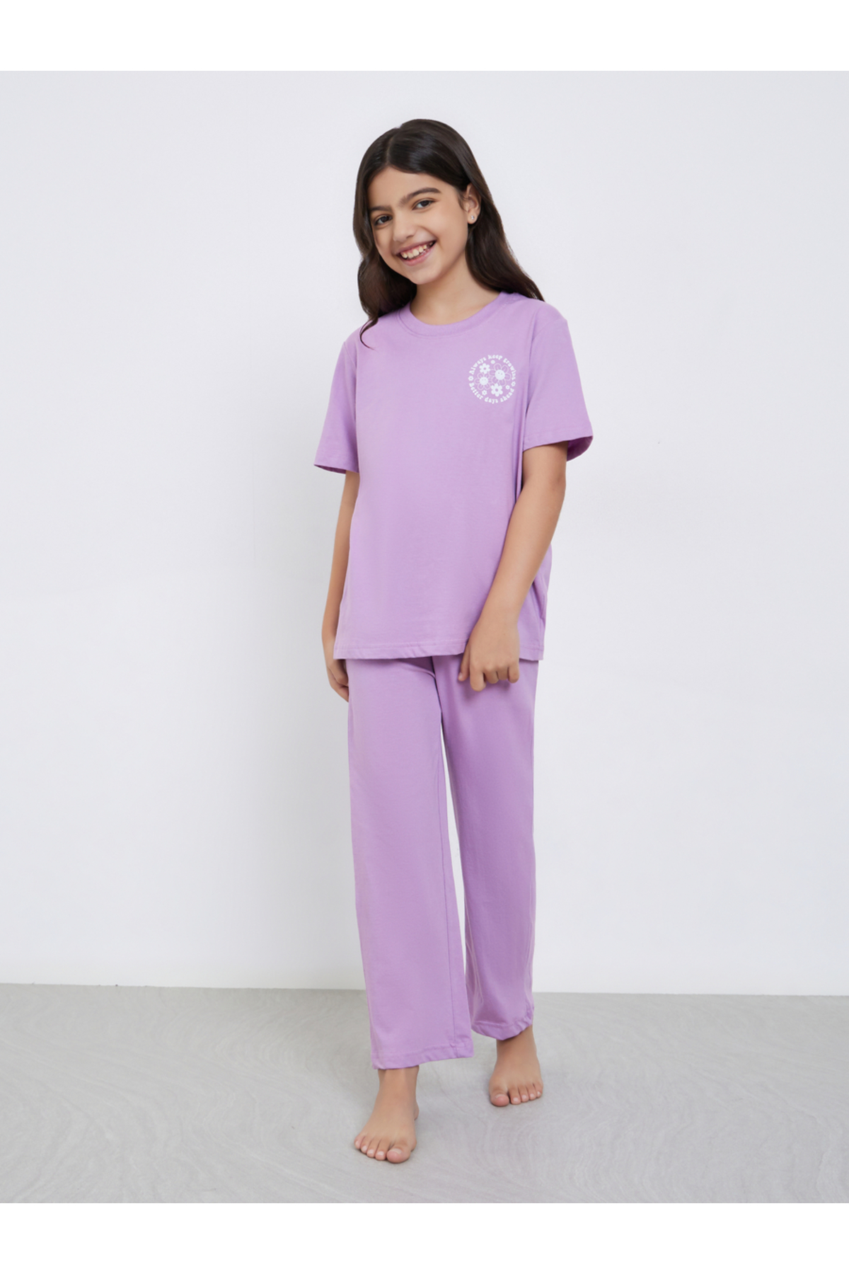 Styli Girls Lilac Cotton T-Shirt and Pyjama Set