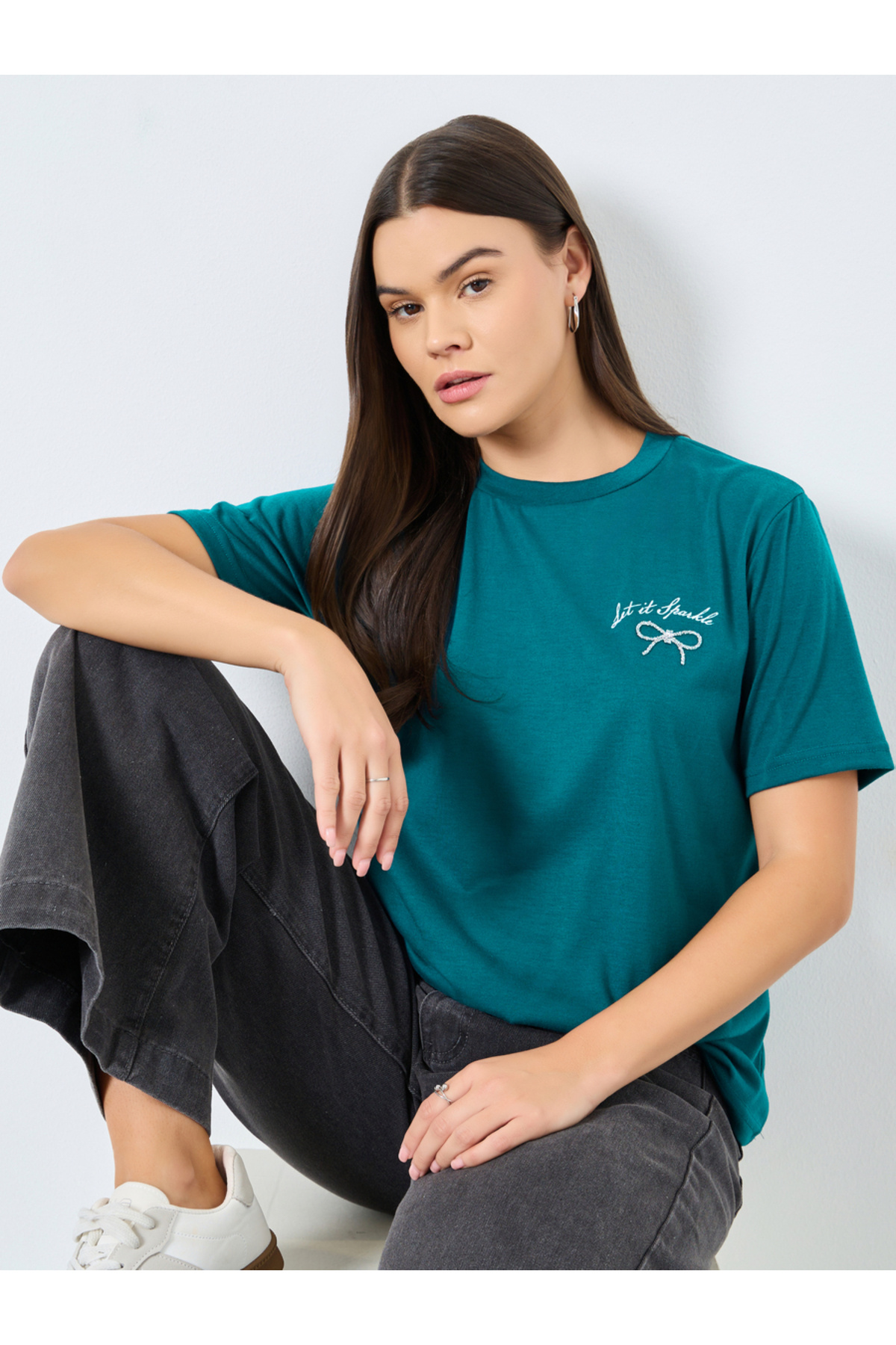 Styli Dark Green Slogan Print Embellished T-Shirt