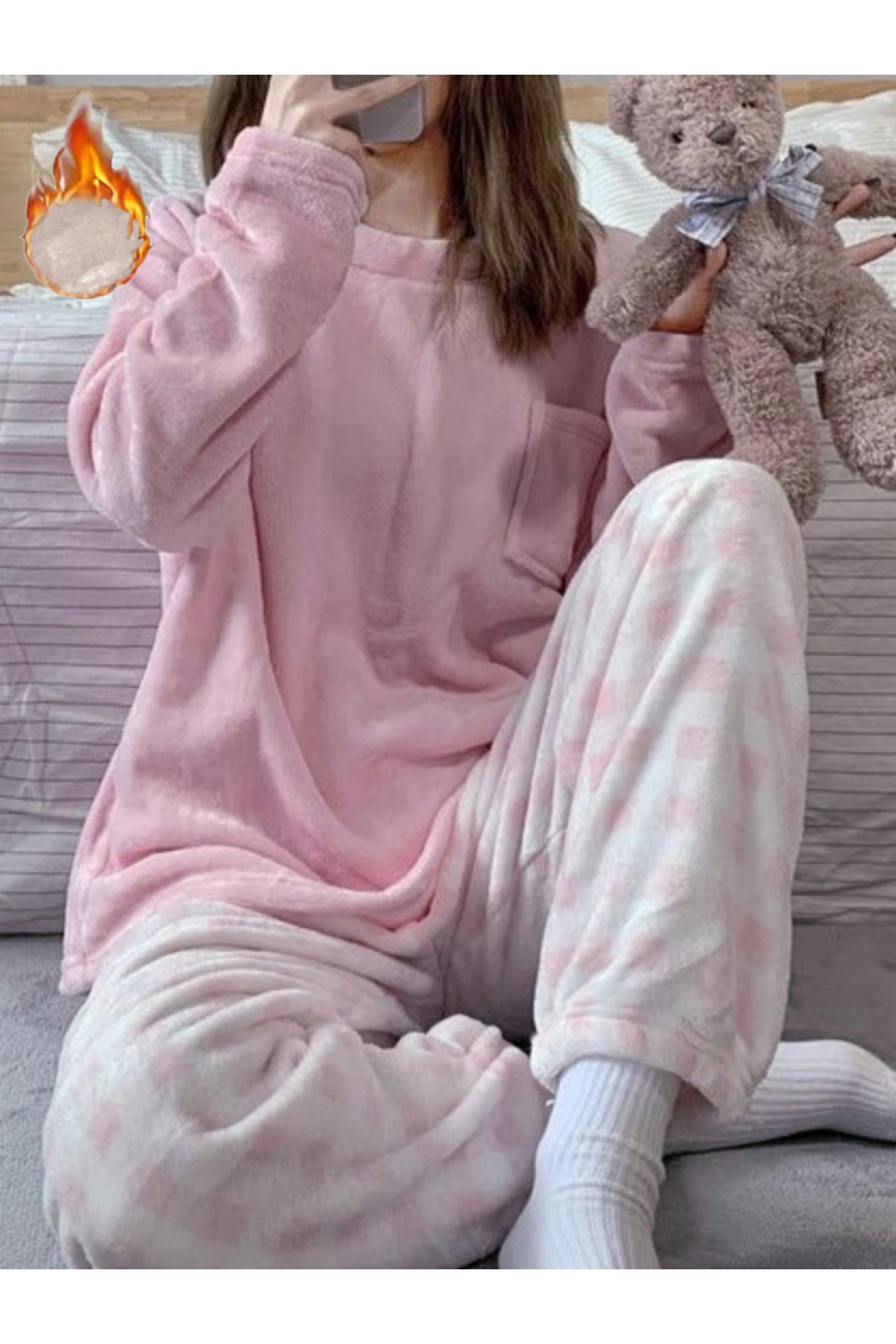 Take Two By Styli Pink Flano Pocket Detail Top and Checked Pyjama Set