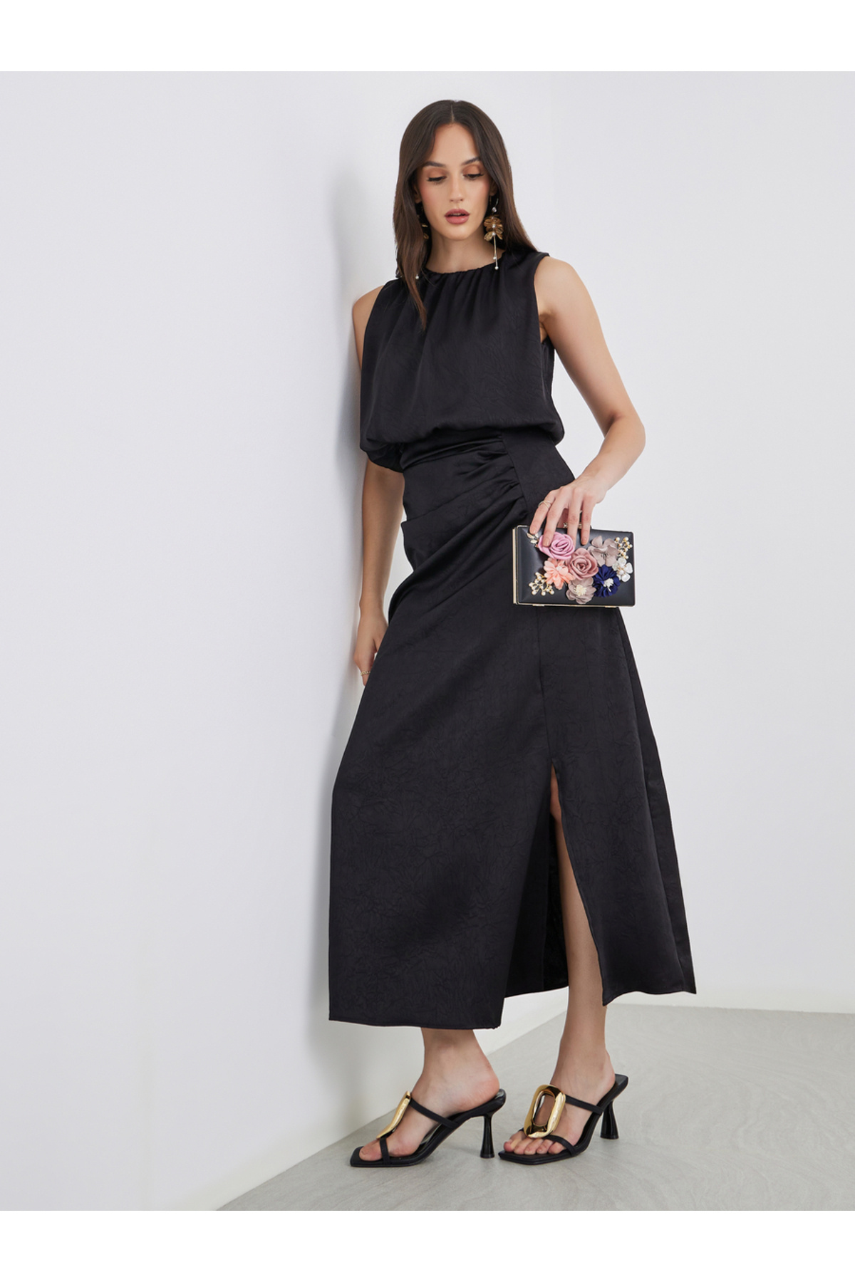 Styli Gathered Detail Sleeveless Sheath Maxi Dress