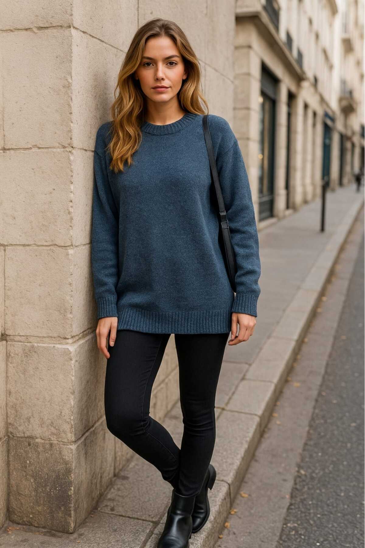 KOZİA OUTDOORS  Oversize Rahat Kalıp renkli Bisiklet Yaka Triko Kazak - Görsel 2