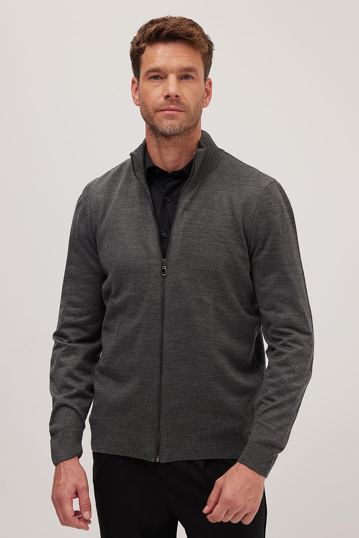 Tudors  Erkek Slim Fit Dar Kesim Gri Dik Yaka Fermuarlı Düz Hırka - Görsel 5