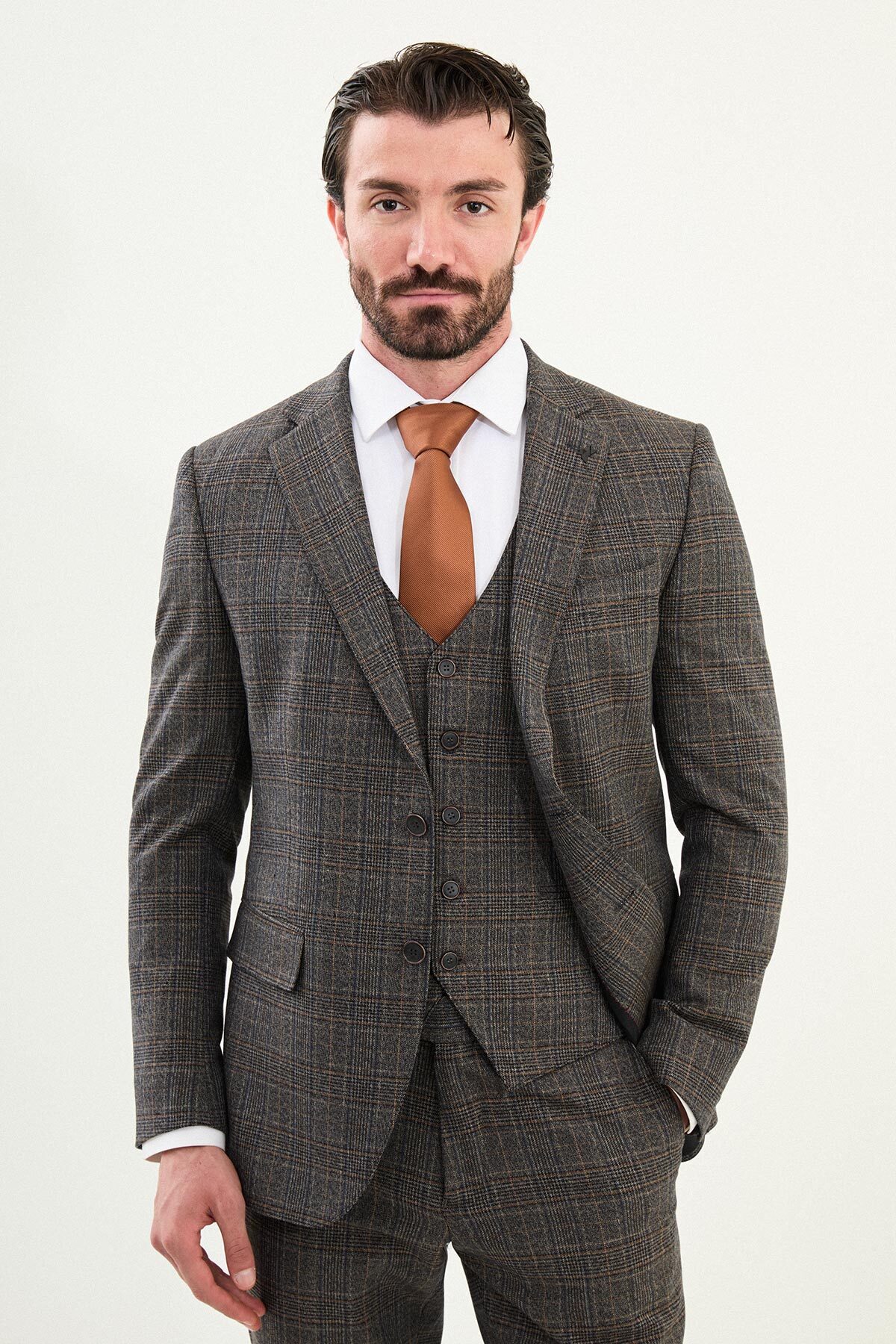 Mcr Plaid Slim Fit Mono Collar Men's Suit Black - 45428.25K