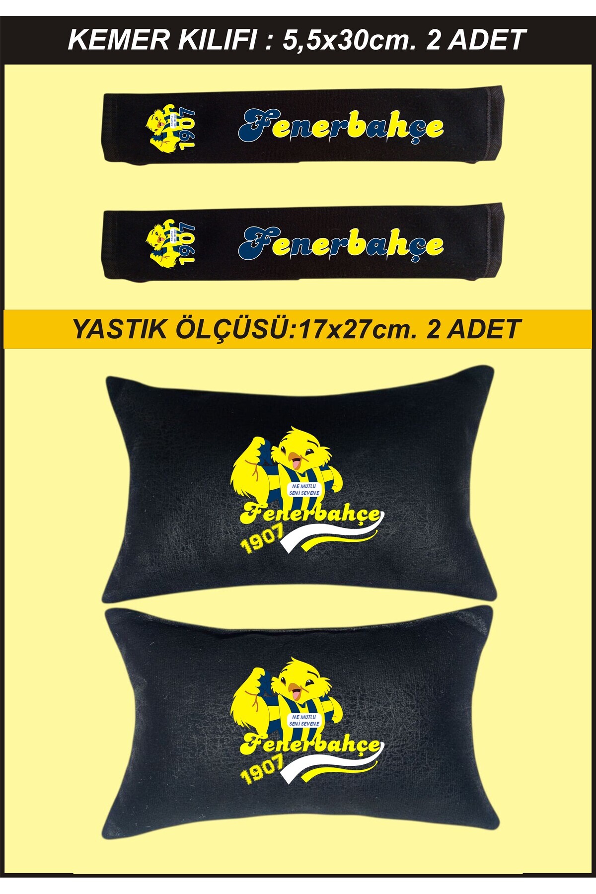 İZ WORTH WEARİNG FENERBAHÇE Araç Boyun Yastığı SİYAH DÖŞEMELİK KUMAŞ 2 Adet YASTIK VE 2 ADET KEMER KILIFI 17x27cm