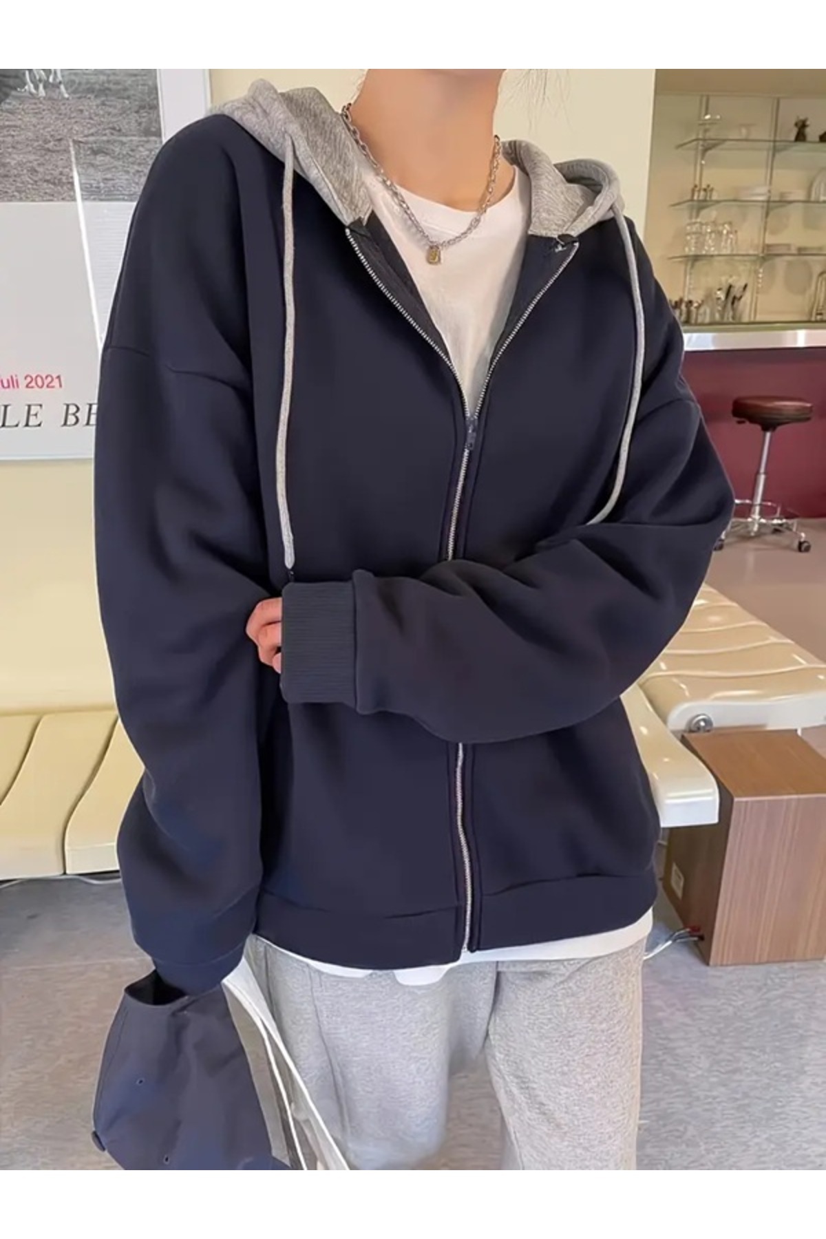EXPECTED Unisex Lacivert Gri Kapüşonlu Oversize Mevsimlik 2 İp Hırka görsel 3