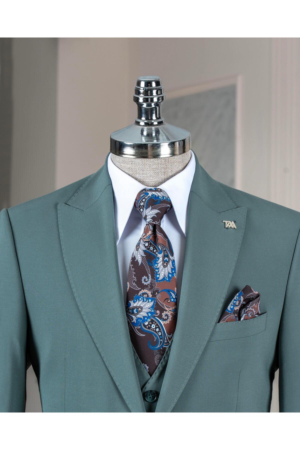 İtalyan stil slim fit ceket yelek pantolon takım elbise yeşil T14580 — سبز — تصویر 2 از 6