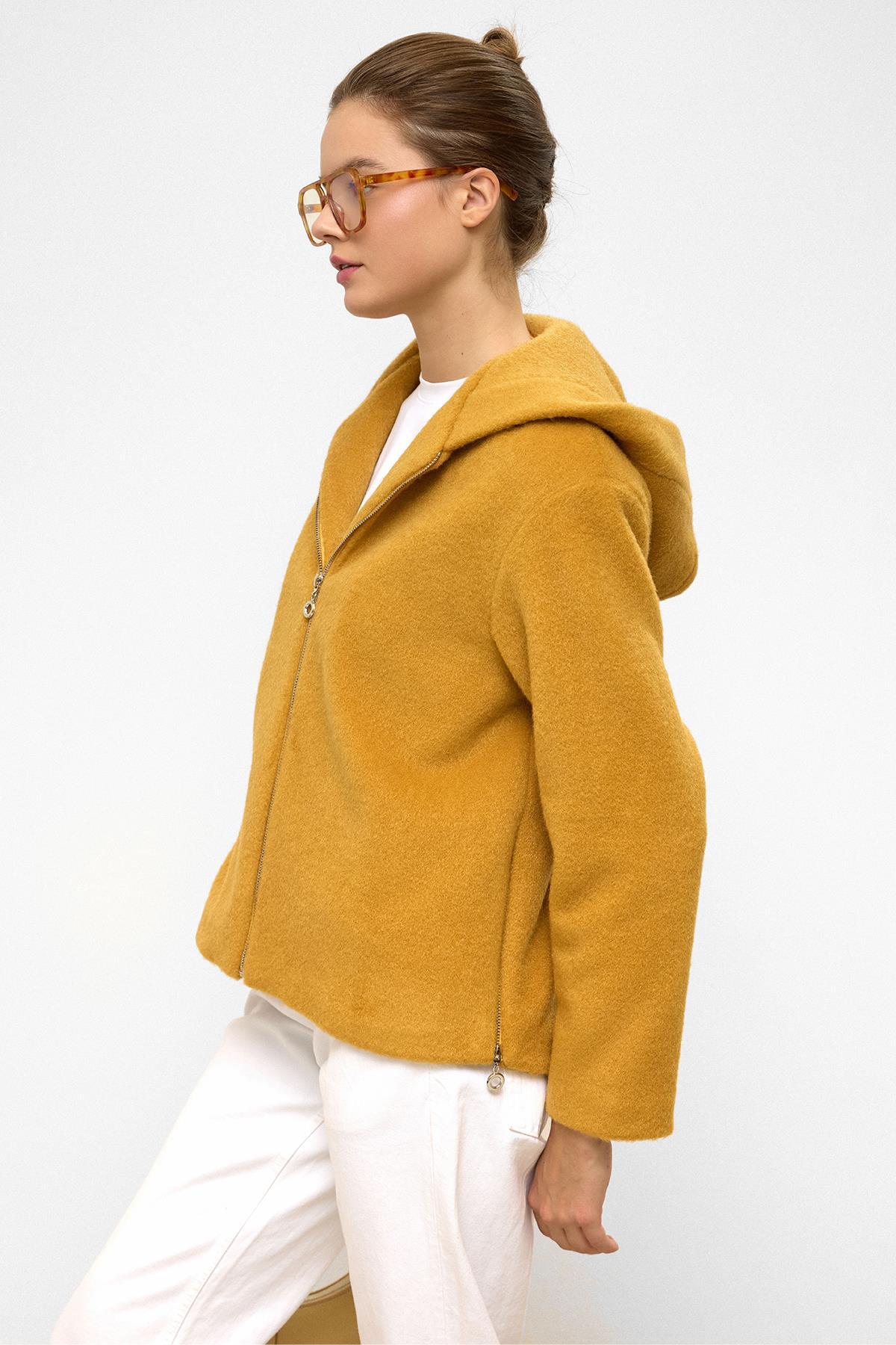 Olcay  Kapüşonlu Fermuar Detaylı Oversize Kısa Kaban HARDAL 3130 - Görsel 5