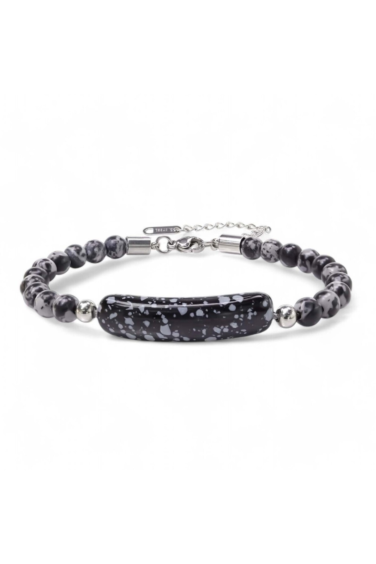 Men's Snowy Obsidian Natural Stone Steel Bracelet - Adjustable 21 cm