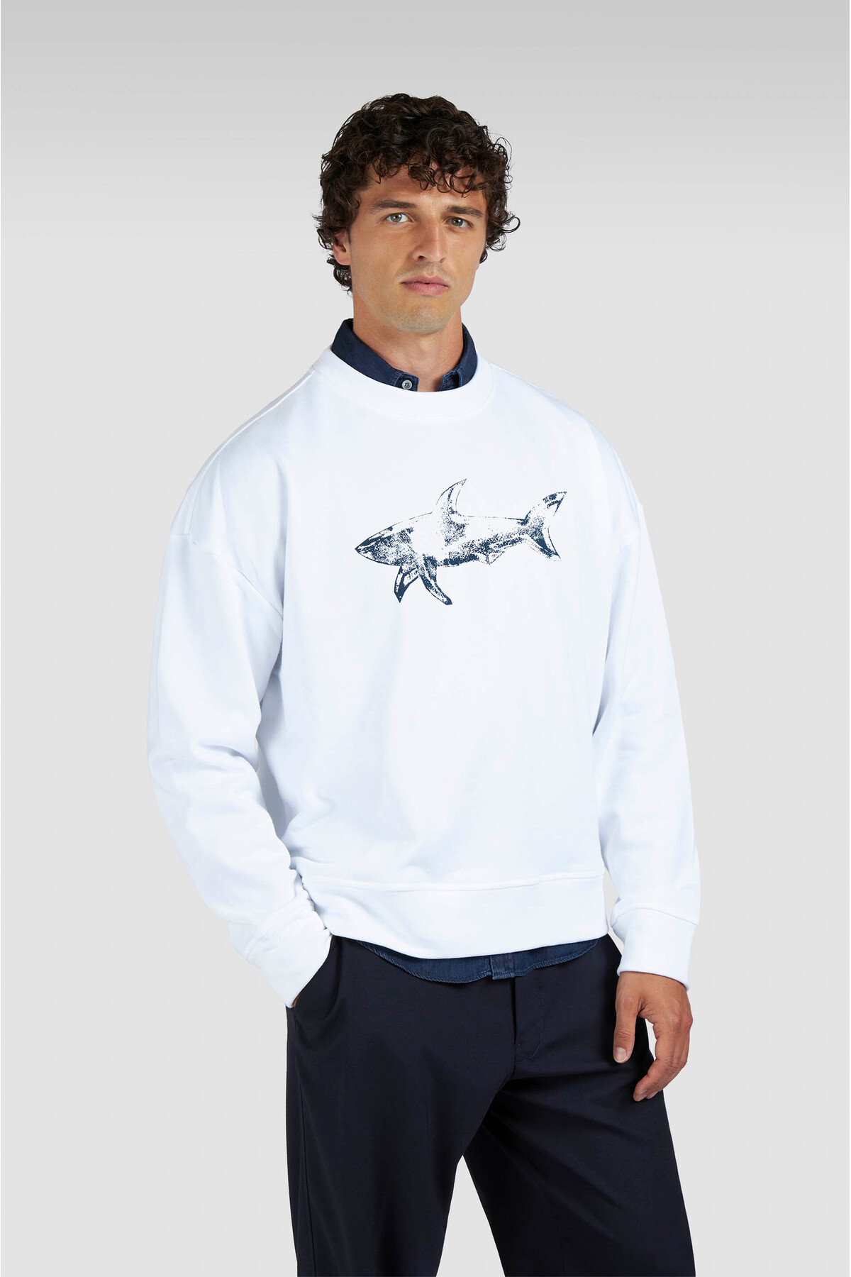 پال اند شارک سویشرت مردانه آستین بلند نخی طرح کژوال سفید با لوگوی کوسه بزرگ ۱۵۳۱۱۸۴۸-۹۶۵