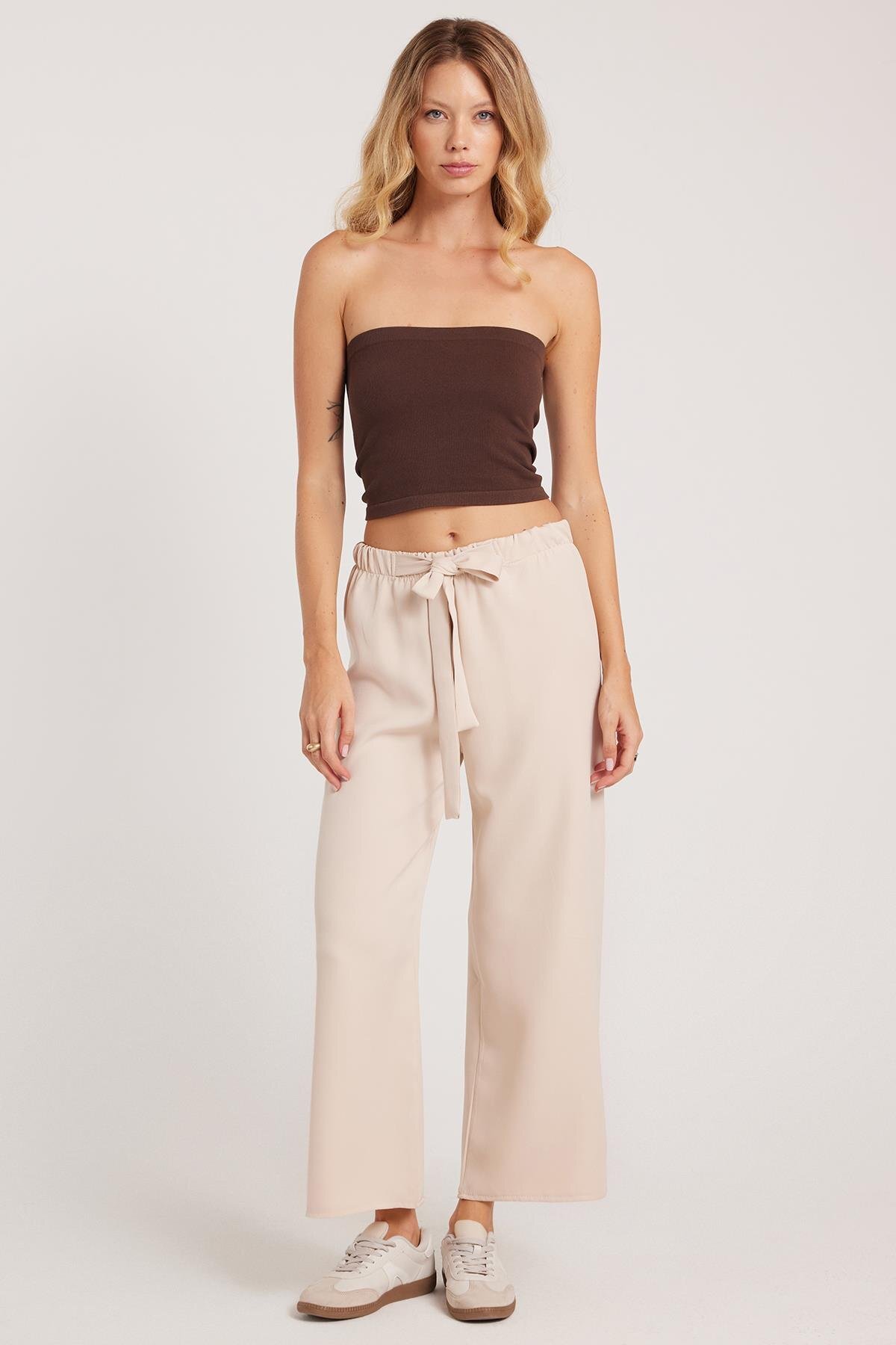 Women's Relax Fit Casual Fit Elastic Band Belted Wide Leg Open Beige Trousers