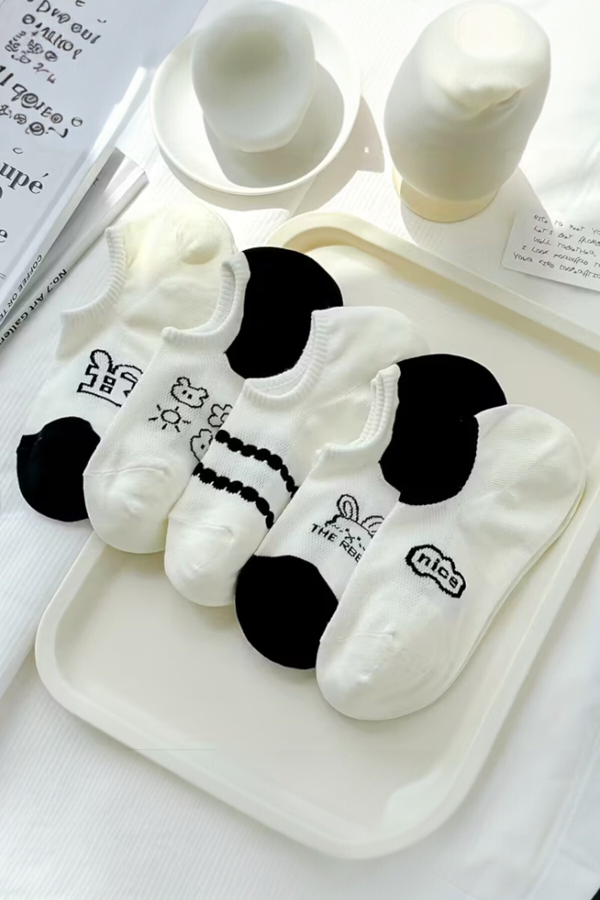 Hitit Socks Kadın 5 Çift Premium Karikatür ve Harf Desenli Yüksek Pamuklu Görünmez Babet Çorap görsel 4