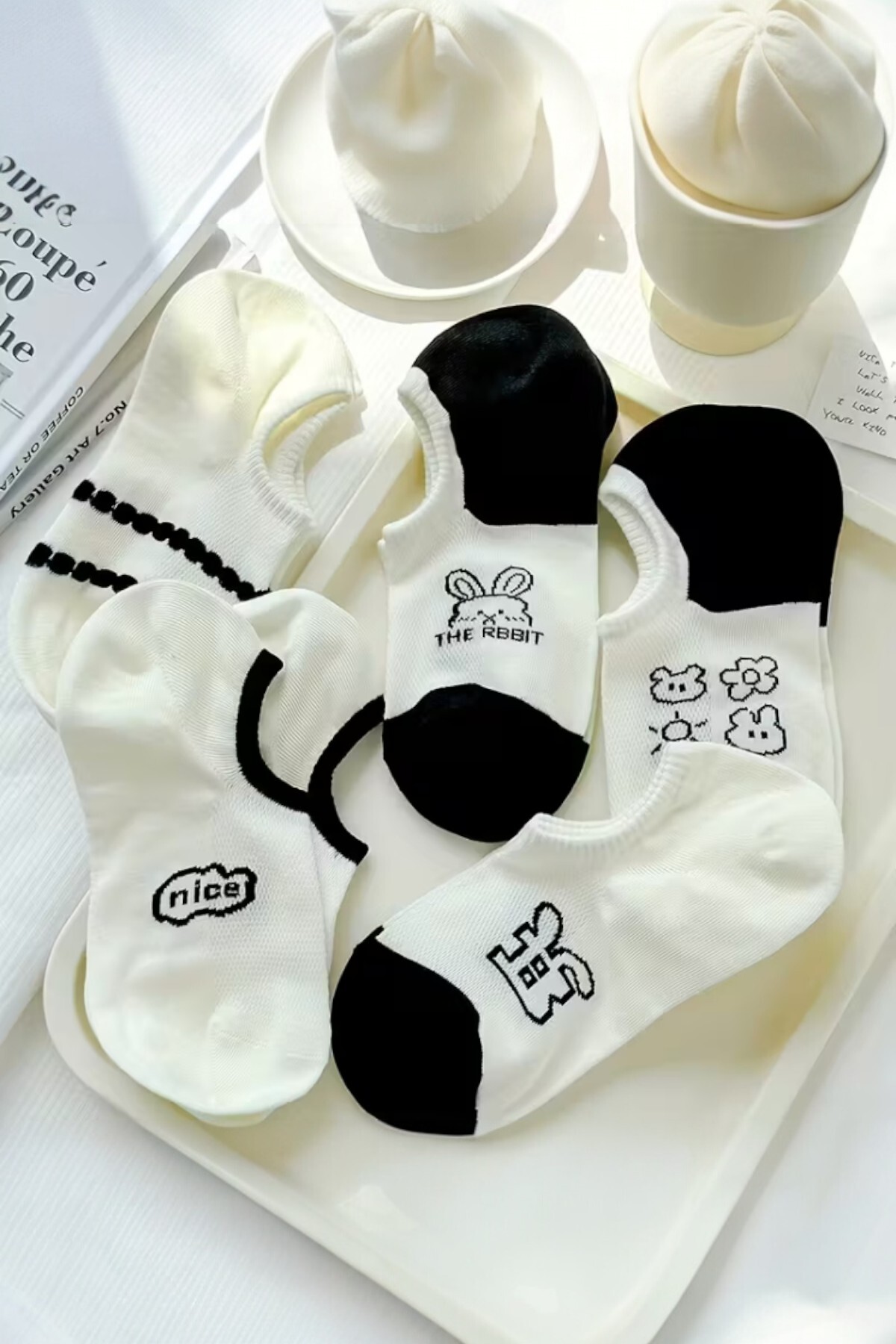 Hitit Socks Kadın 5 Çift Premium Karikatür ve Harf Desenli Yüksek Pamuklu Görünmez Babet Çorap görsel 5