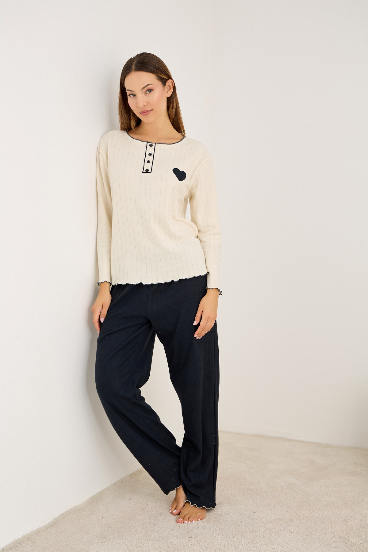 Siyah İnci  lacivert kalp nakışlı Örme İnterlok Pijama Takım25226009 - Görsel 2