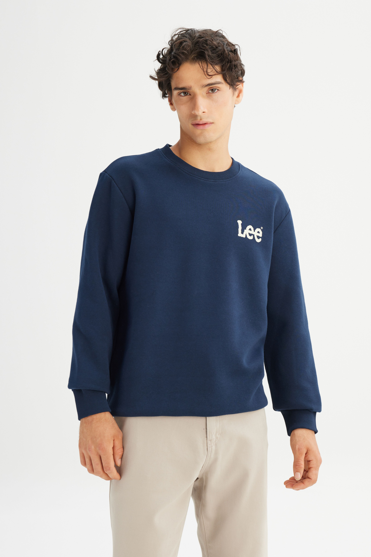 Regular Fit Normal Kesim Bisiklet Yaka İçi Polarlı Lacivert Minimal Logo Sweatshirt